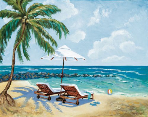 Bluegreen Beach Lounge Chairs Art Prints - Set of 2 Stretched Canvas Wall Art (14x11 in) Ready to Hang | Coastal Decor, Vacation Home, Living Room & Bedroom Wall Decor