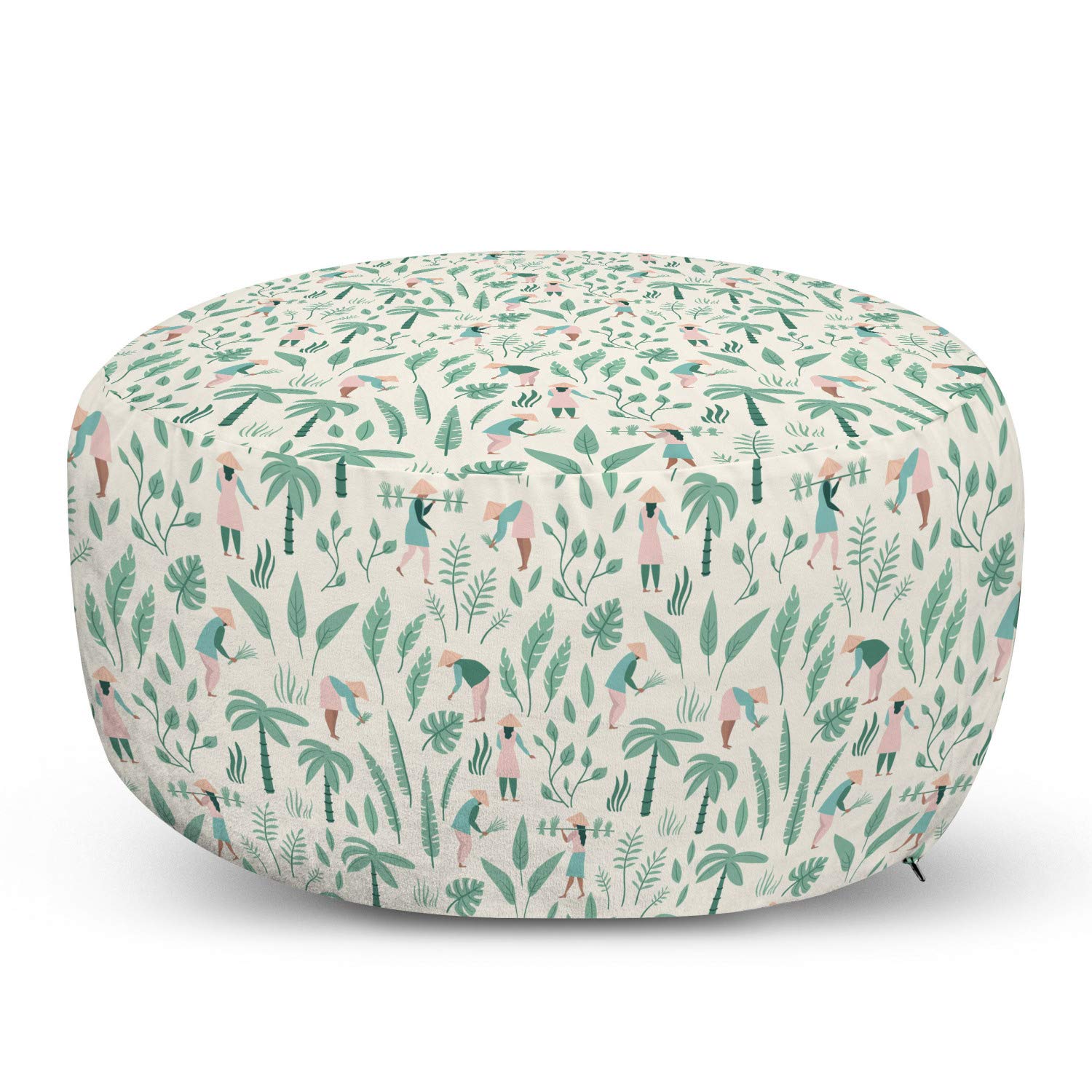 Ambesonne Rural Ottoman Pouf - Exotic Jungle Foliage Design with Vietnamese People & Palm Trees - Soft Decorative Foot Rest with Removable Cover for Living Room & Bedroom - Seafoam Rose Ivory Color - Perfect for Home Decor, Lounge Relaxation & Travel Theme Accents