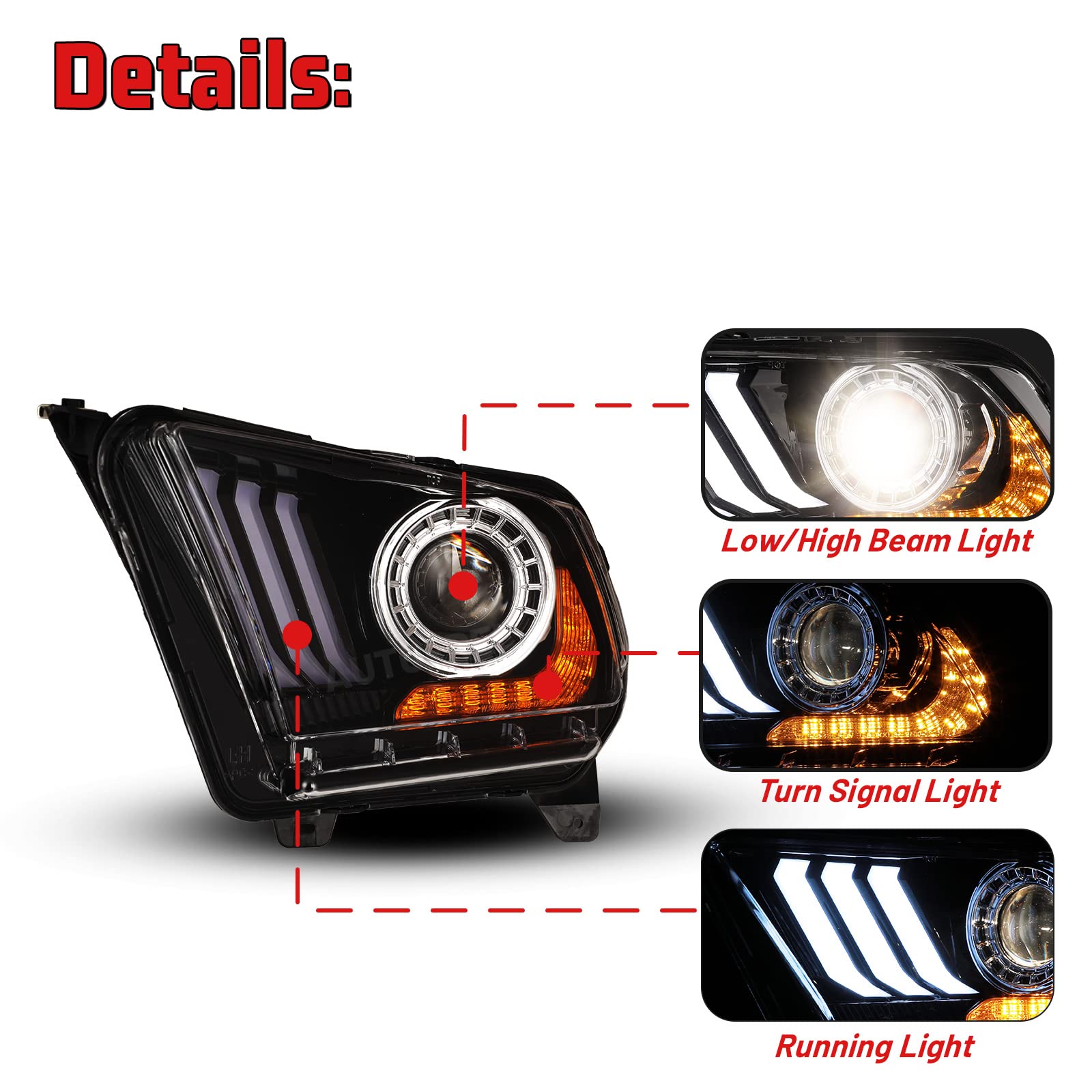 Ford Mustang 2010-2012 Halogen Headlights Replacement - Dynamic Turning Lights, Complete Headlight Assembly for Improved Night Driving | Perfect for Daily Commute & Road Trips