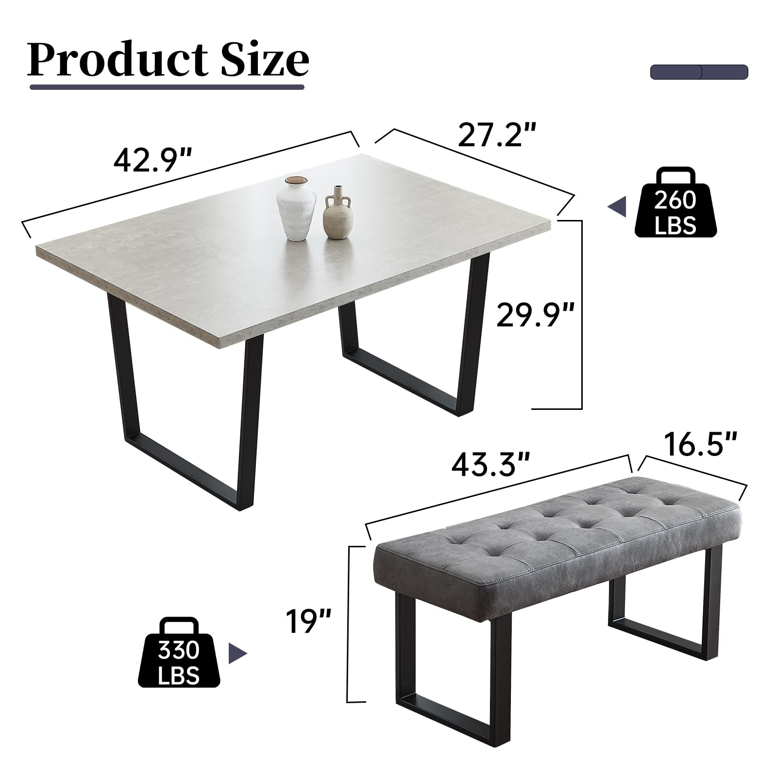 Modern 3-Piece Dining Table Set with Bench - 42.9 Inch Kitchen Table & 43.3 Inch Corner Bench for Family Dining Room | Perfect for Small Spaces, Breakfast Nooks & Cozy Gatherings