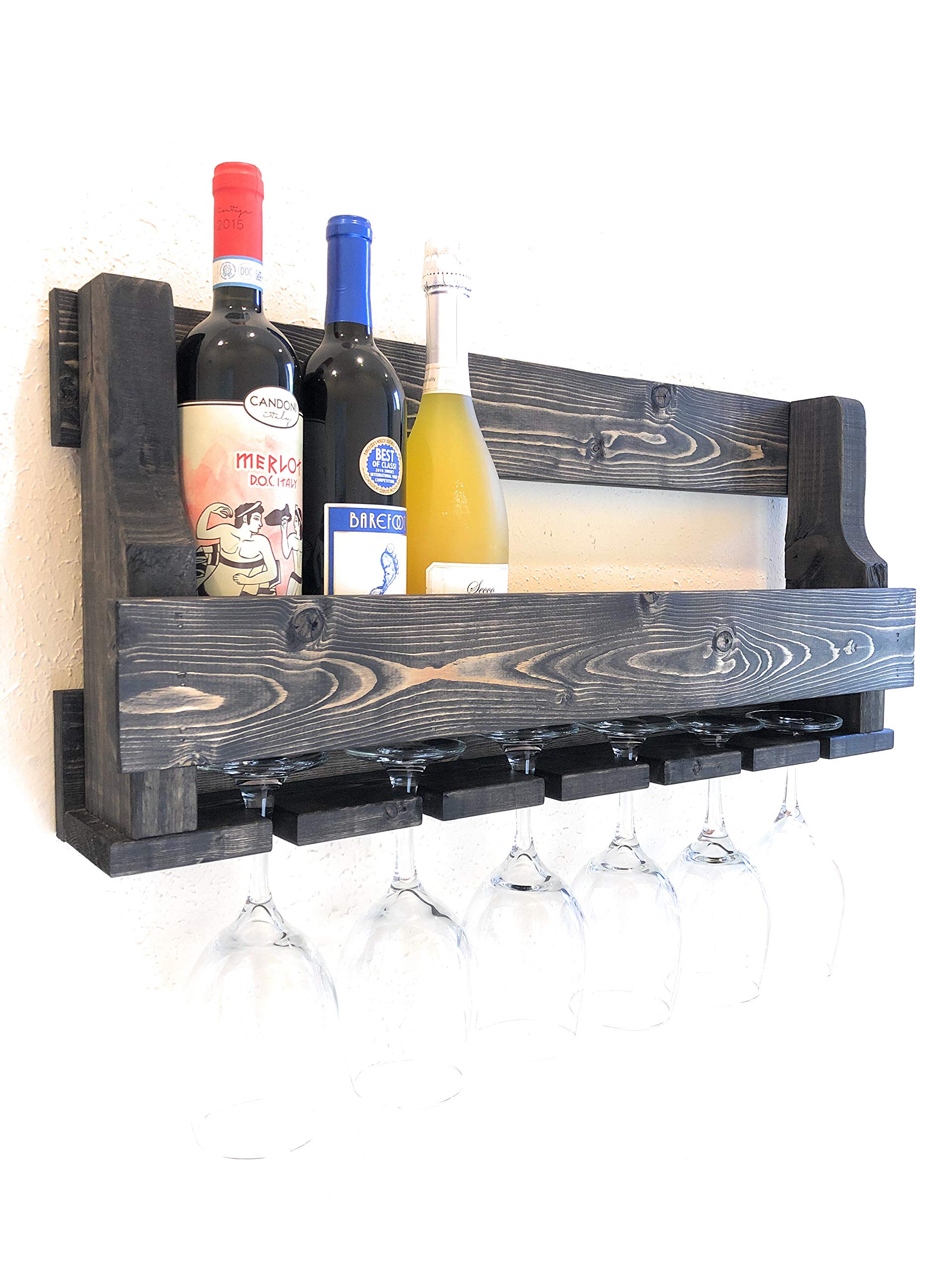 Wall Mounted Wine Rack for 8 Bottles with 6 Glass Hangers - Space Saving Ebony Wood Wine Storage for Kitchen, Dining Room or Bar Decor