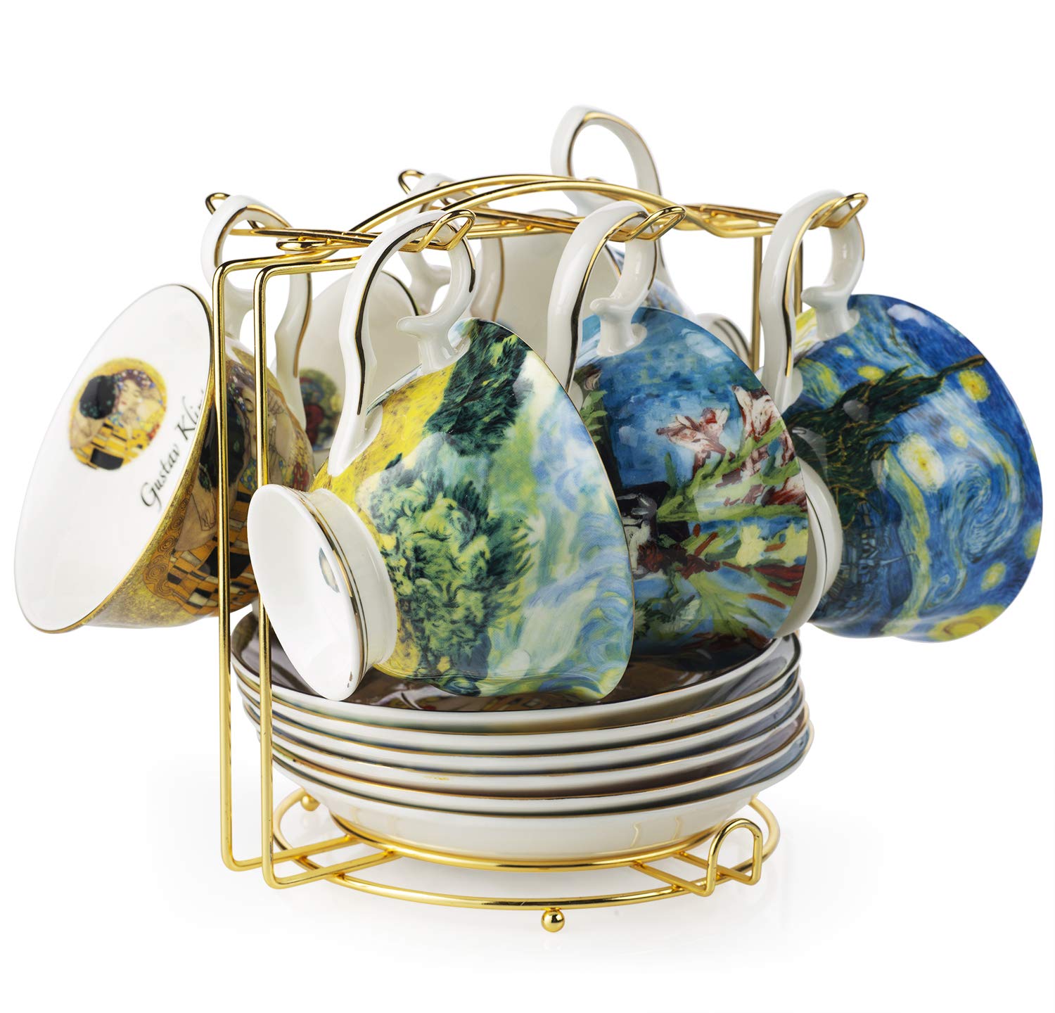 Van Gogh Bone China Coffee Cup and Saucer Set - 6-Piece 8-Oz Art Mugs with Display Rack & Gift Box - Elegant Tea & Coffee Serving Set for Home, Office, and Gifts