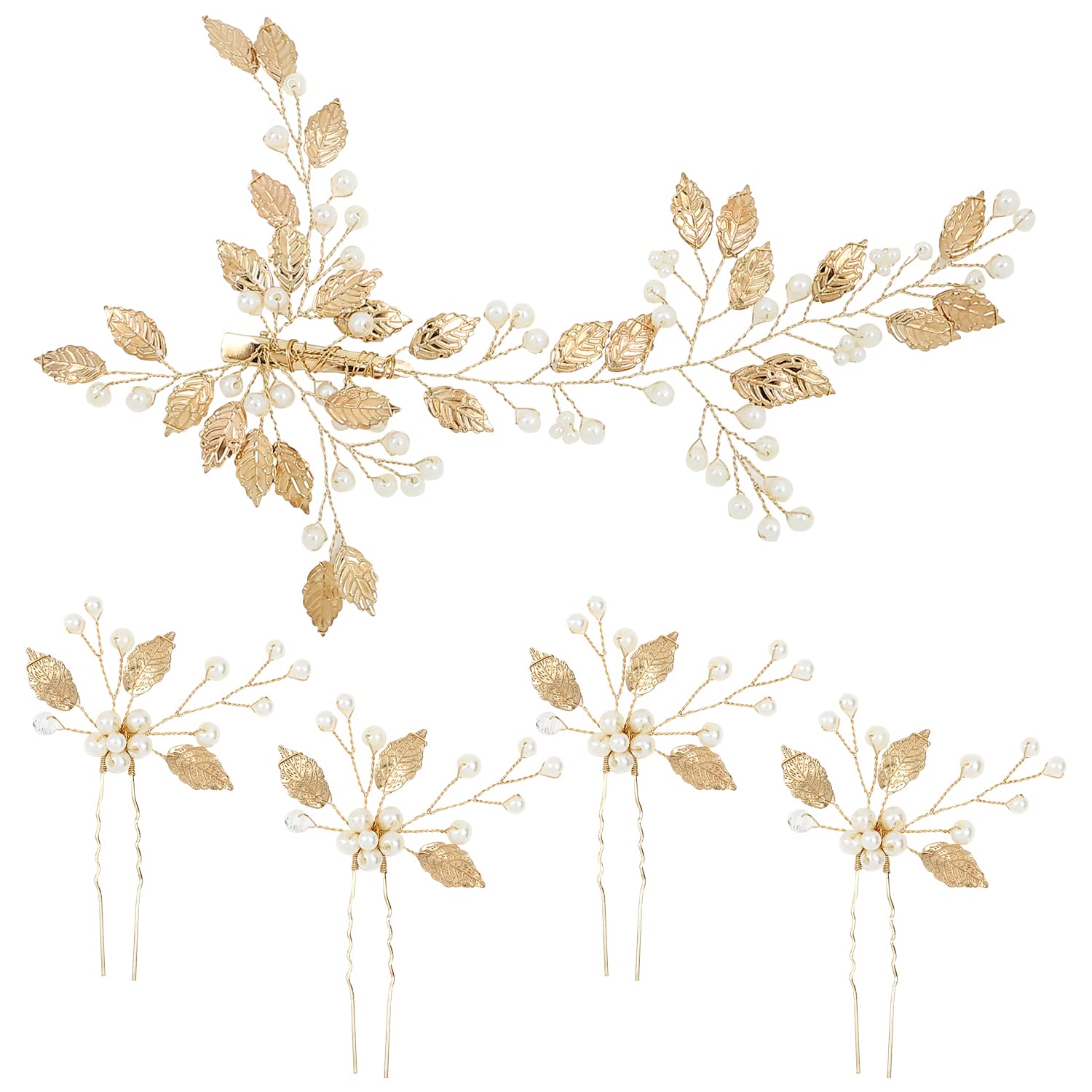 5 Pack Gold Pearl Leaf Hair Pins - Elegant Wedding Bridal Hair Clips & Barrettes for Women & Girls | Perfect for Brides, Bridesmaids, Prom, Formal Events & Updo Hairstyles