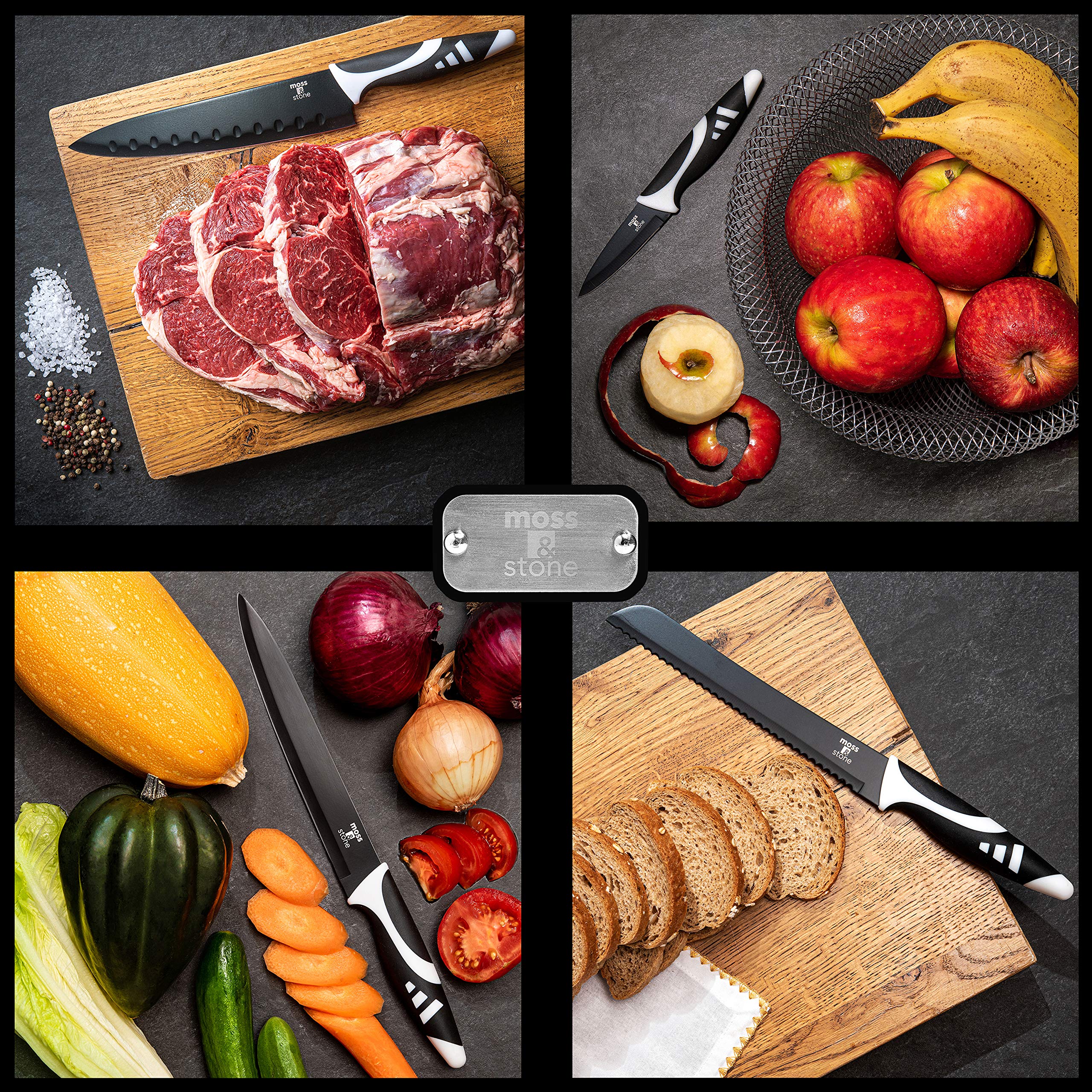 7-Piece Professional Kitchen Knife Set with Block - Black Titanium Plated Stainless Steel Chef Knives - Rust Proof & Scratch Resistant Sharp Knives for Cooking, Slicing, Dicing - Perfect for Home Chefs & Professional Kitchens