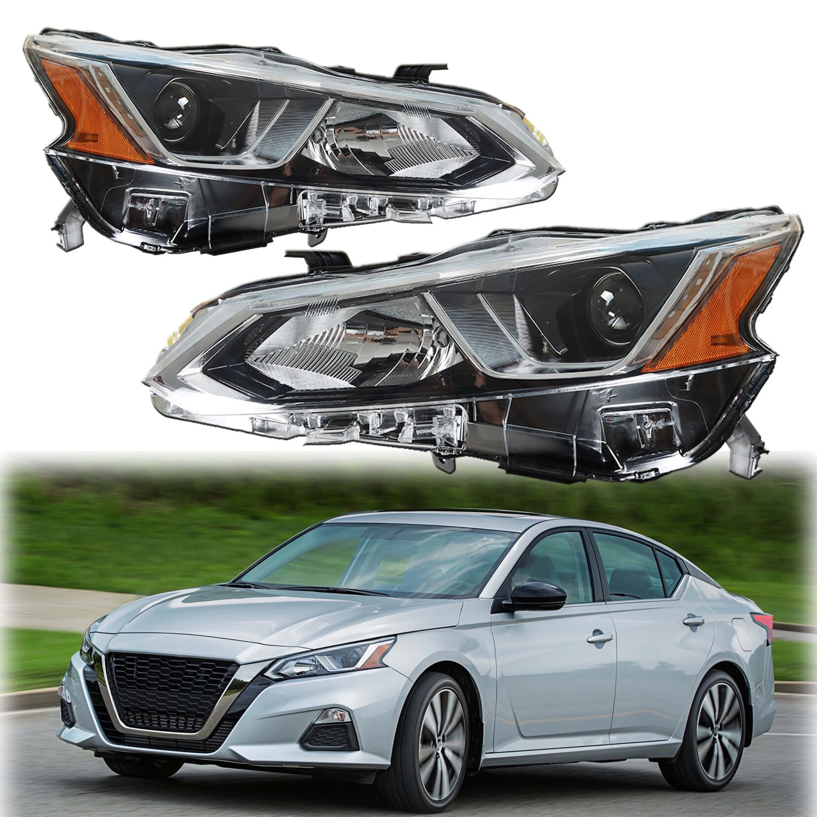 2019-2020 Nissan Altima Left & Right Halogen Headlights - Chrome Projector Headlamp Assembly Replacement - Perfect for Night Driving & Foggy Conditions