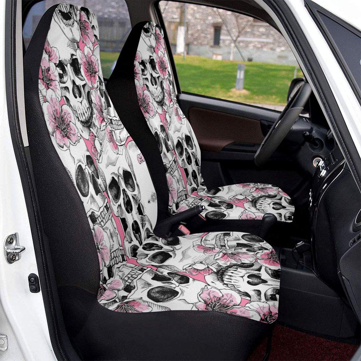 **Foruidea Pink Sugar Skull Skeleton Flower Car Seat Covers - 2-Piece Bucket Seat Protector Set for SUV, Truck & Auto - Durable & Stylish Saddle Blanket Protectors for Daily Commute & Road Trips**