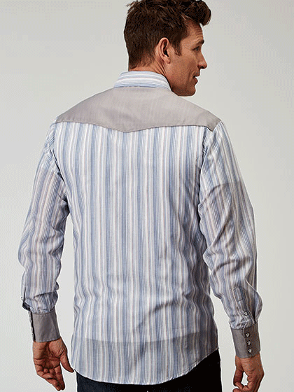 Roper Men's Long Sleeve Western Stripe Shirt - Blue Plaid Cowboy Shirt for Ranch Work, Rodeo & Casual Wear | 01 001 0087 0366