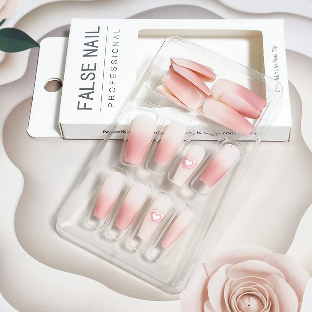 Valentine's Day Press on Nails - 24Pcs Long Coffin Fake Nails with White Pink Heart Design, Glossy Acrylic Full Cover False Nails for Women | Perfect for Romantic Dates, Weddings, Anniversaries & Special Occasions