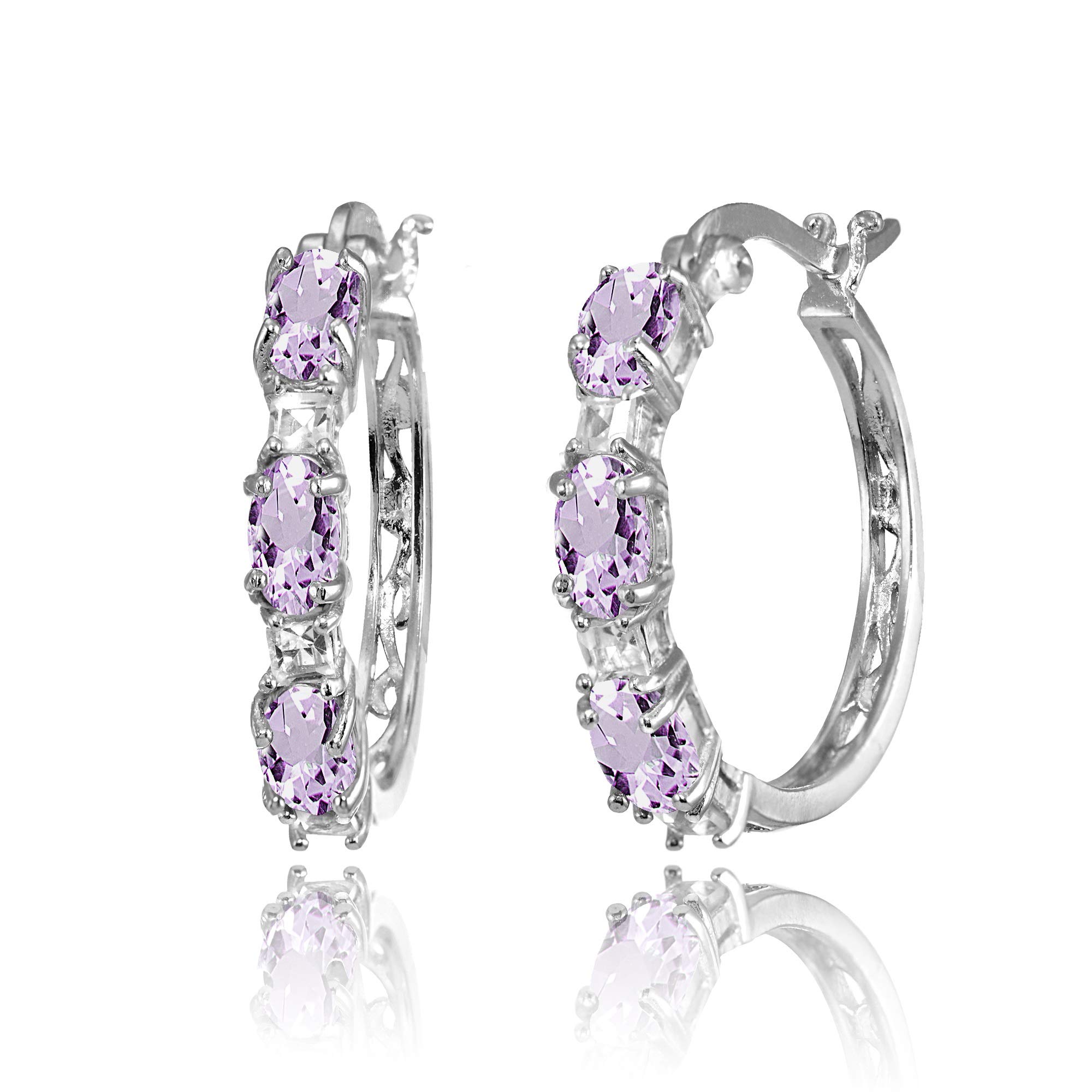 Sterling Silver Oval & Princess Cut Gemstone Filigree Hoop Earrings for Women - Wedding, Party & Everyday Wear (Genuine/Created/Simulated Stones)