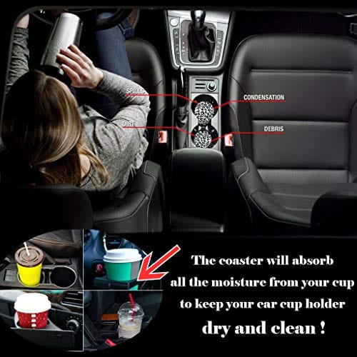 2-Pack Leopard Print Ceramic Car Coasters - Absorbent Drink Cup Holder Coasters with Finger Notch for Easy Removal (Grey) - Perfect for Cars, Trucks & SUVs to Protect Your Cup Holders