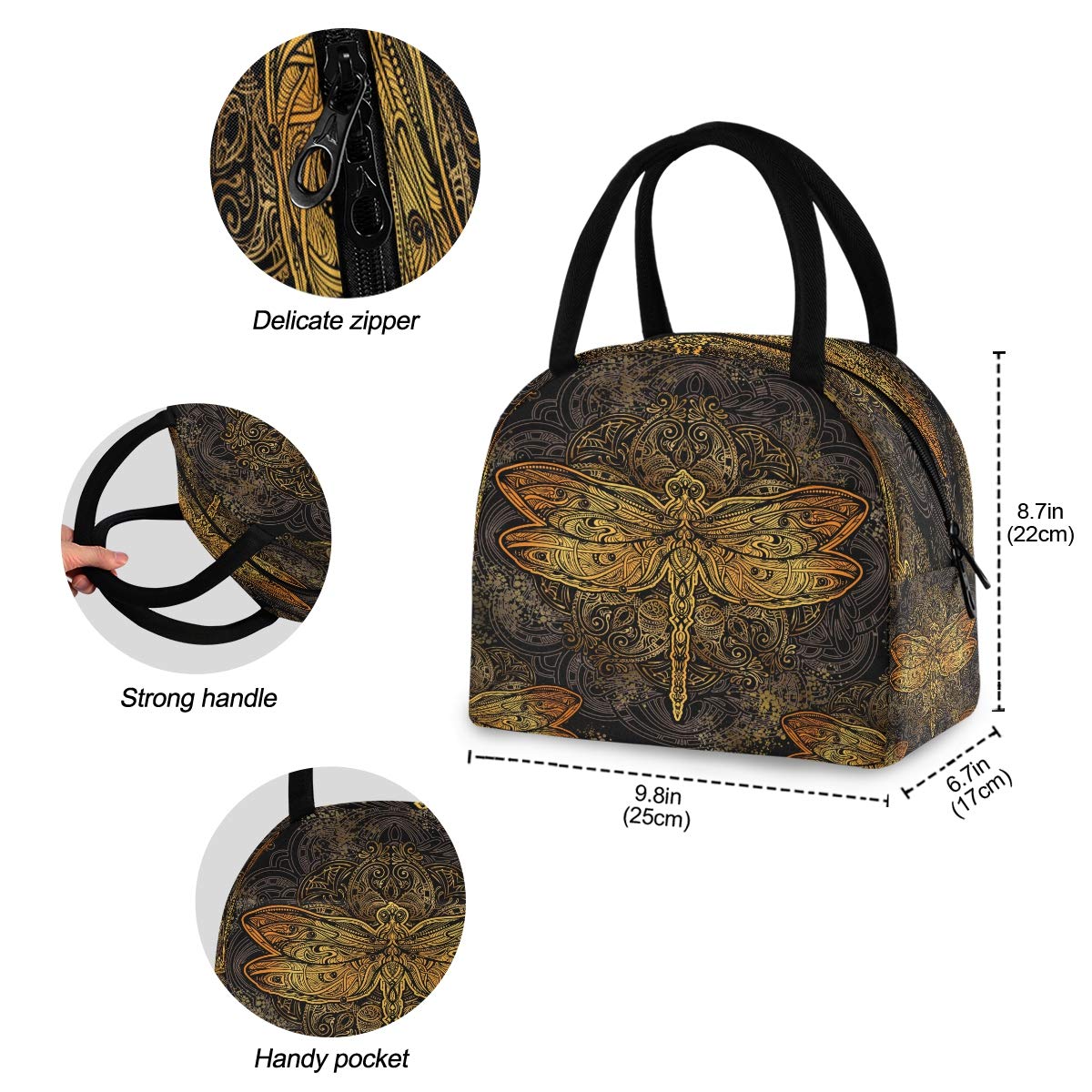Blueangle Exquisite Golden Dragonfly Insulated Lunch Bag for Women & Men - Waterproof Thermal Tote Cooler Box with Organizer Pockets | Perfect for Work, School, Picnics & Outdoor Activities