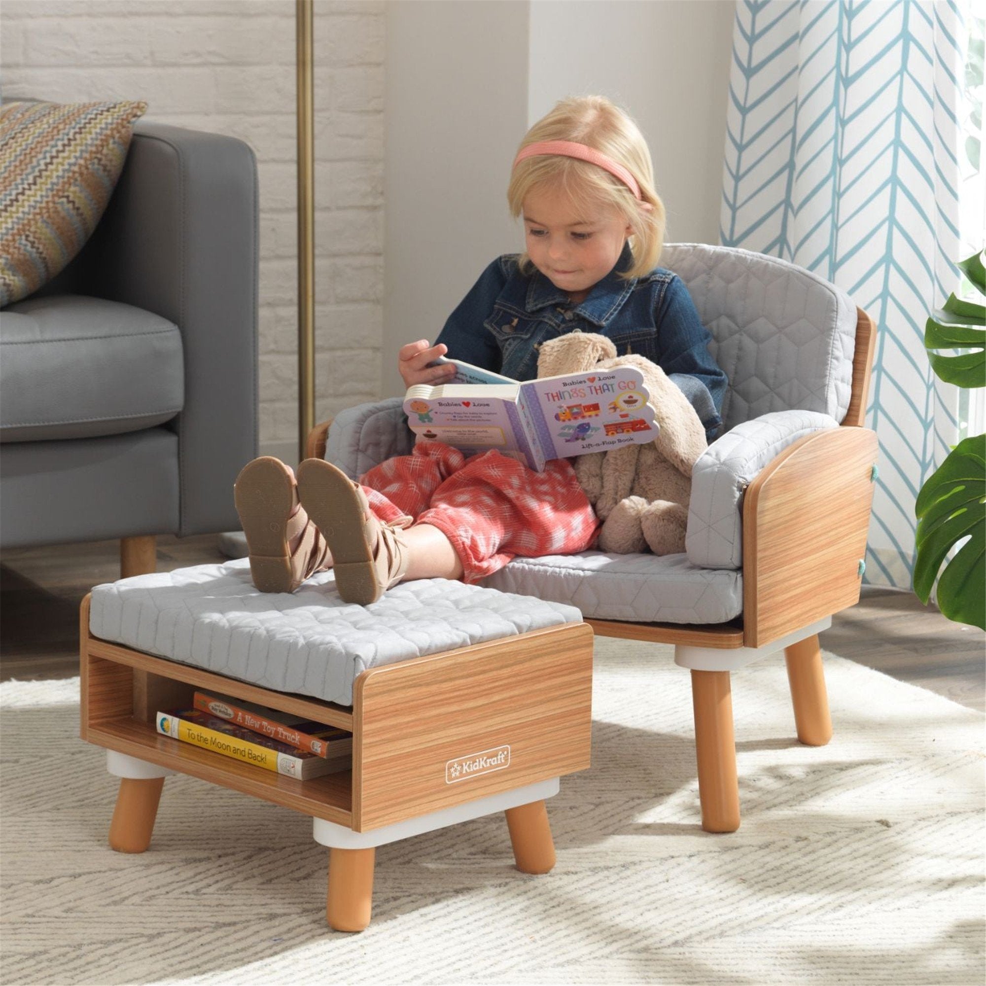 KidKraft Mid Century Modern Kids Reading Chair with Ottoman - Cozy Children's Book Nook for Bedroom, Playroom & Library