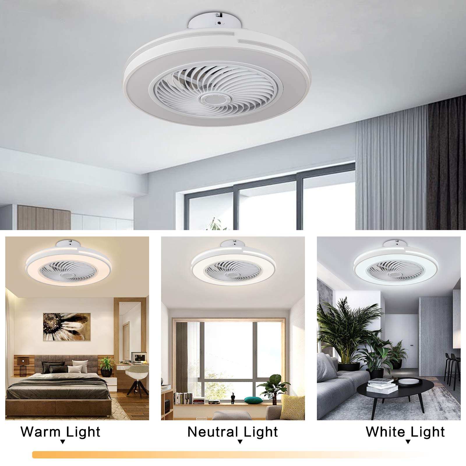Modern LED Flush Mount Ceiling Fan with Light - Remote Control, Dimmable, Hidden Blades, Low Profile - Adjustable Speed - White (US Stock) - Perfect for Bedroom, Living Room, and Office Lighting