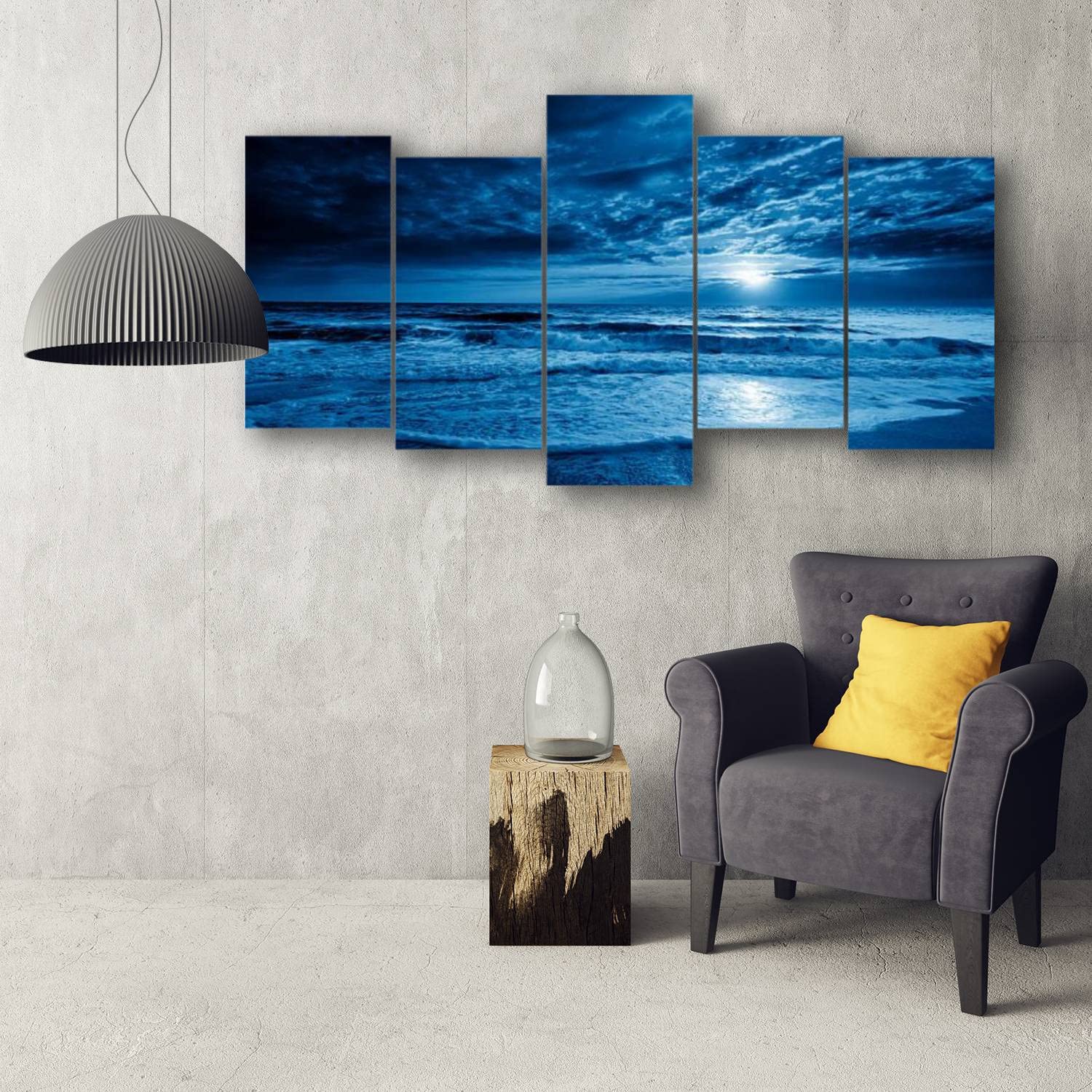 Midnight Blue Coastal Moonrise Canvas Wall Art - 5 Panels for Living Room & Bedroom Decor