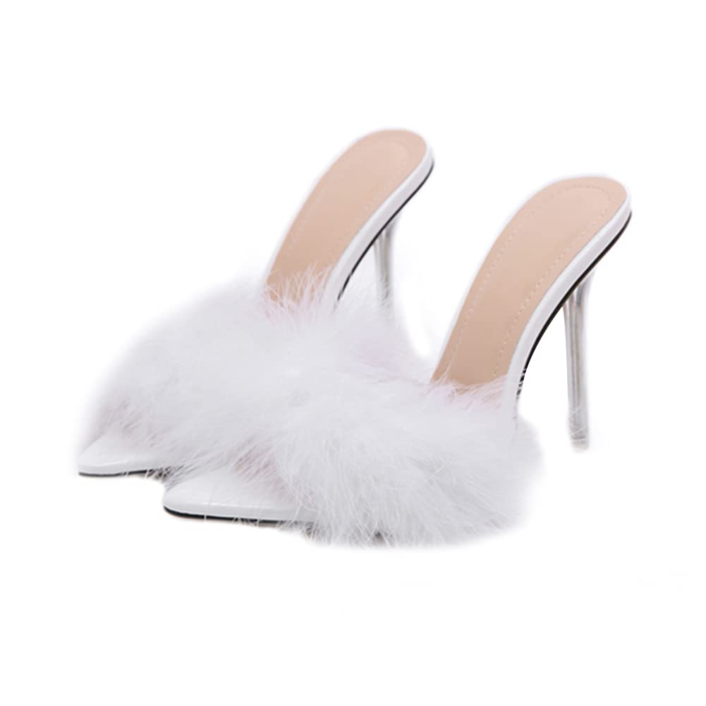 YIBLBOX Women's Fluffy Feather Open-Toe Slide Sandals - Comfortable Stiletto Slippers for Home, Lounge & Indoor Use