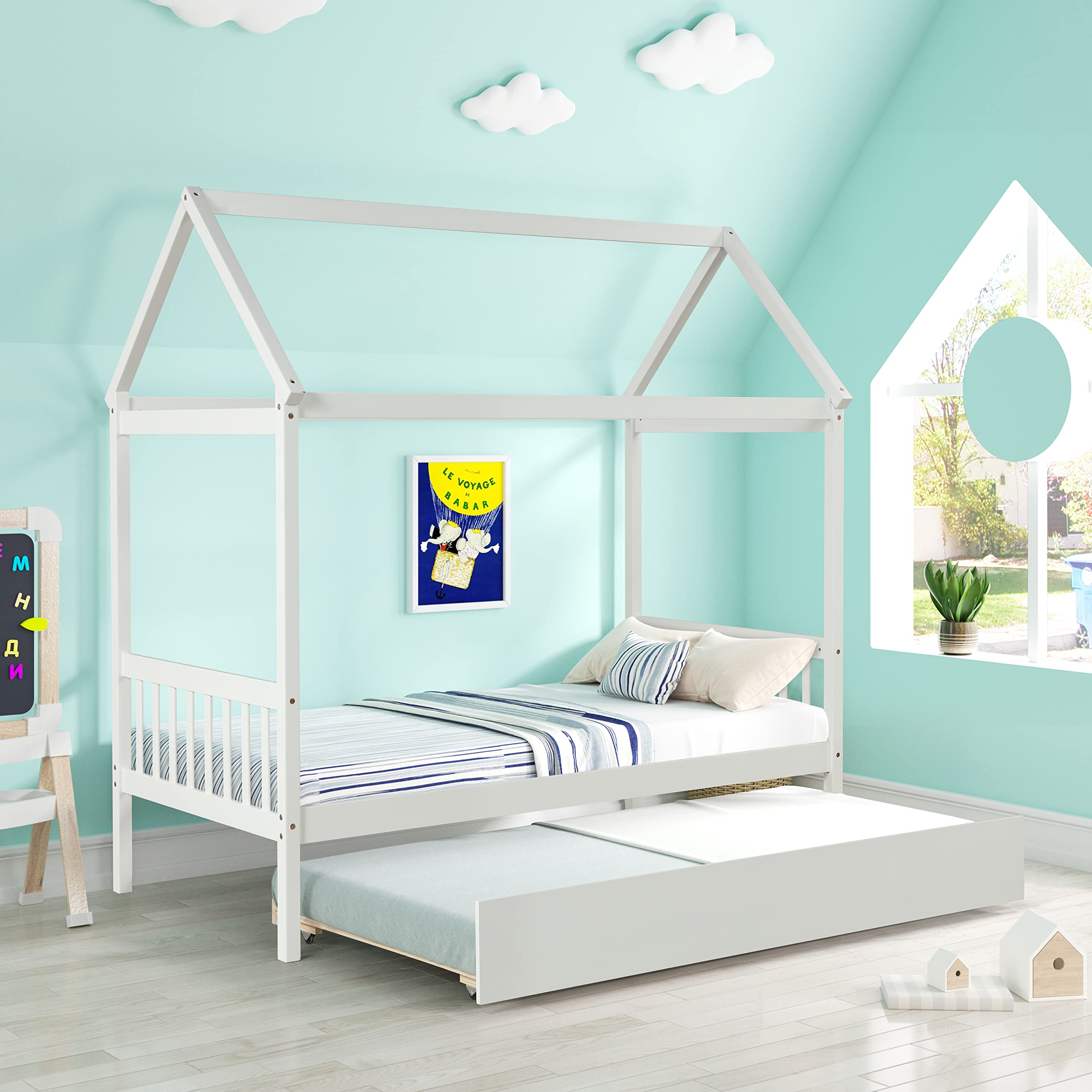 Merax Twin Size Wooden House Bed with Trundle - White Kids Bed Frame with Roof, Headboard & Footboard for Girls and Boys | Perfect for Bedroom Decor & Playtime