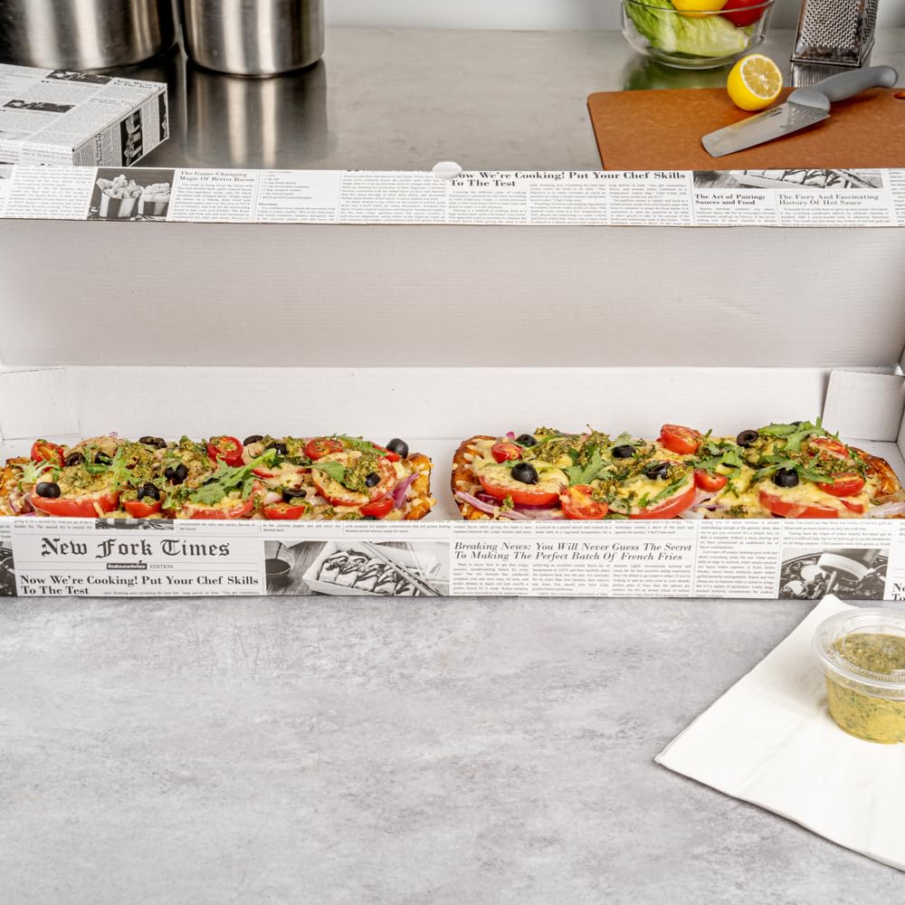Eco-Friendly 24 x 12 x 2 Inch Flatbread Takeaway Boxes - 50 Pack Corrugated Pizza Boxes with E-Flute Design & Tab-Lock System | Disposable Newsprint Paper Containers for Flatbreads, Pizzas & Catering | Perfect for Restaurants, Food Trucks & Delivery Services