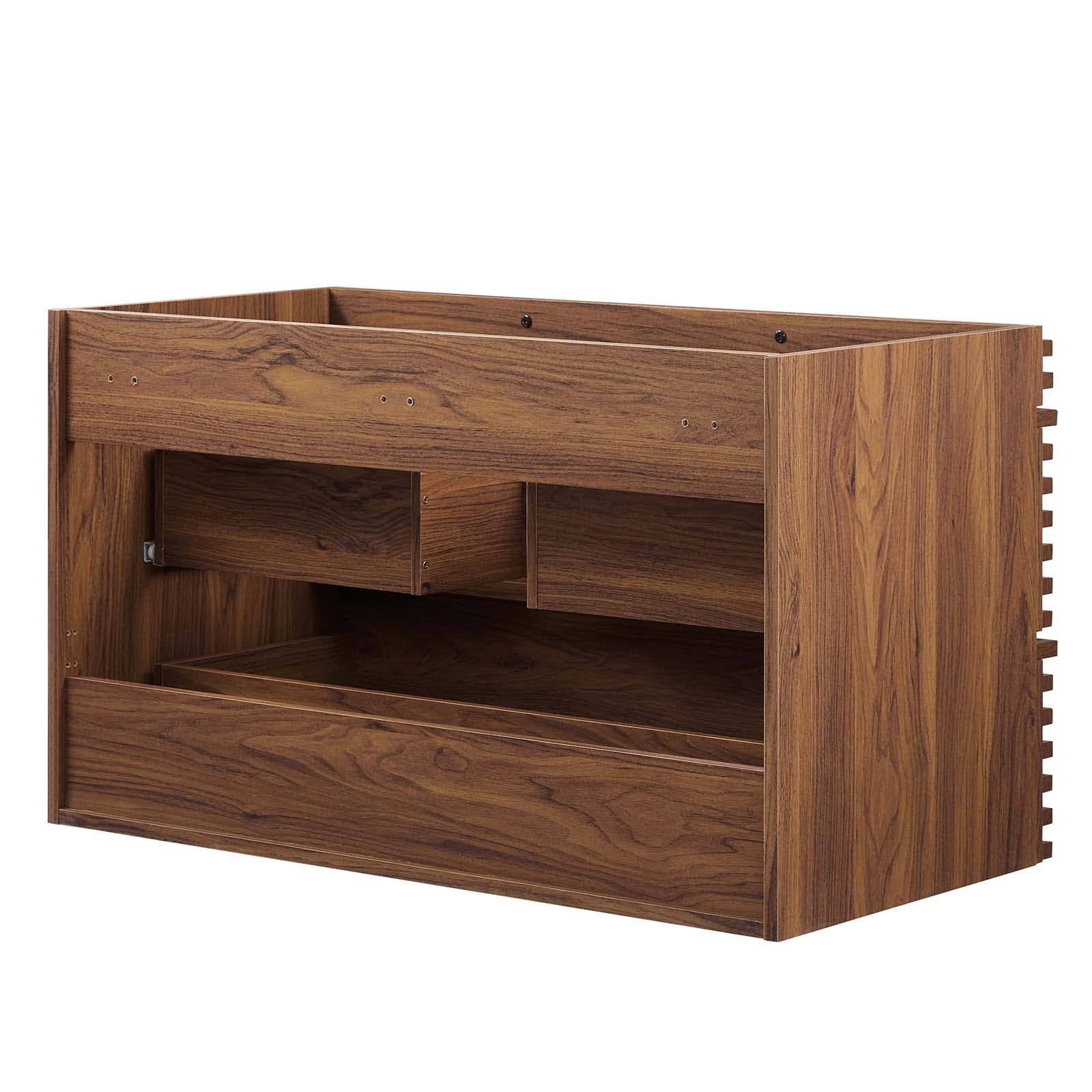 Modway Render 36 Inch Walnut Wall-Mounted Bathroom Vanity Cabinet with Mirror - No Sink Included | Modern Space-Saving Storage for Small Bathrooms & Powder Rooms