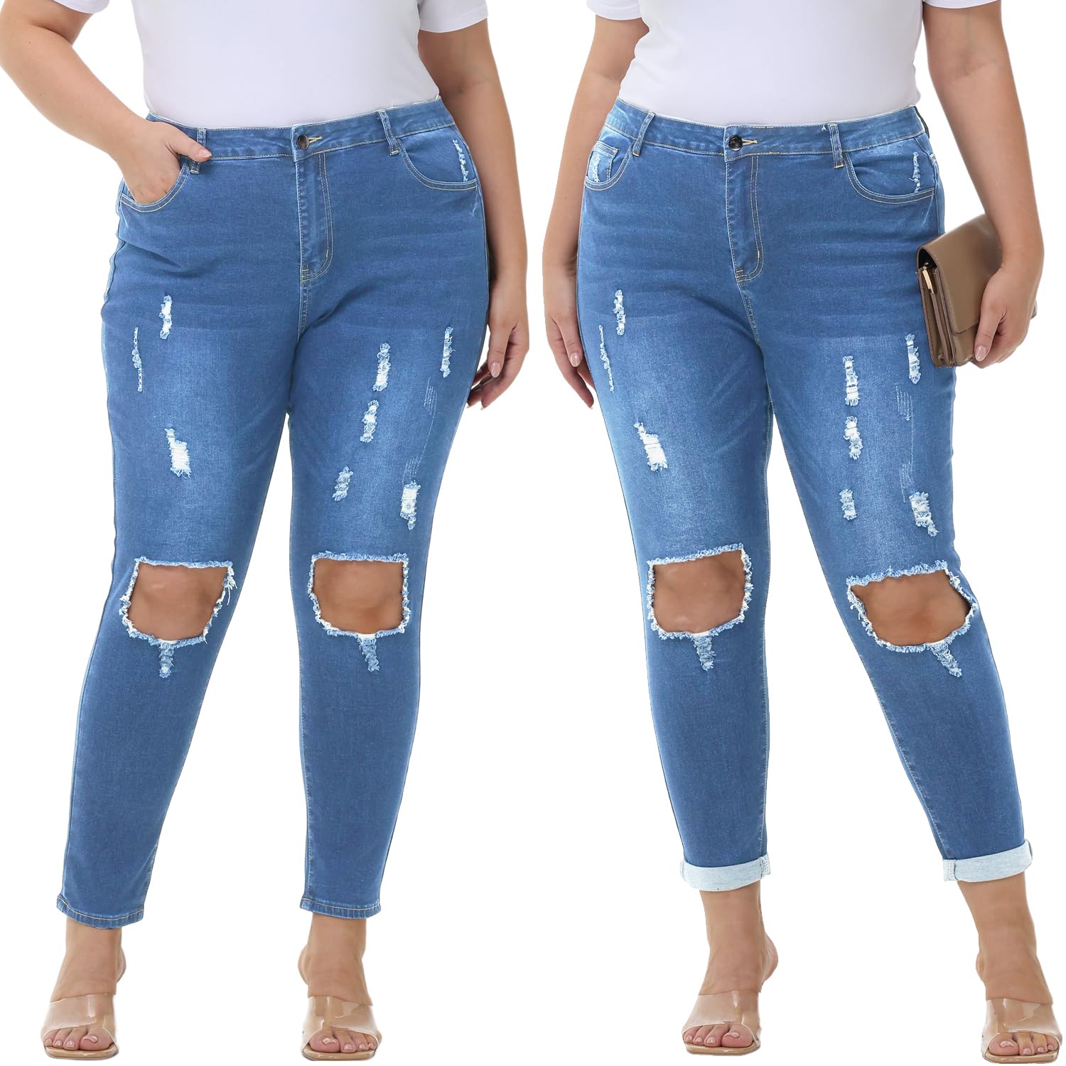 Tulucky Women's Plus Size Boyfriend Jeans - Distressed Ripped Denim Pants with Stretch for Comfort | Skinny Fit Casual Wear for Everyday Outfits