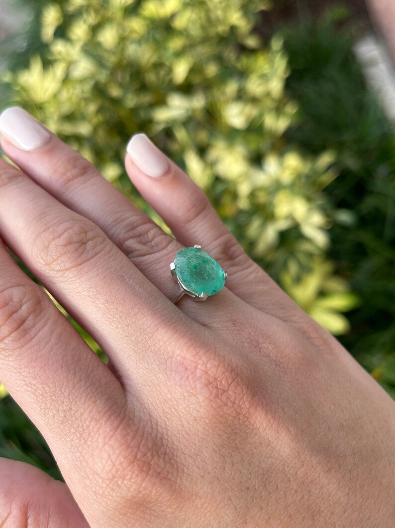 6.50ct Large .925 Sterling Silver Oval Cut Mossy Medium Green Emerald Solitaire Ring with 4 Prongs - Perfect for Engagement, Wedding, Anniversary & Everyday Elegance