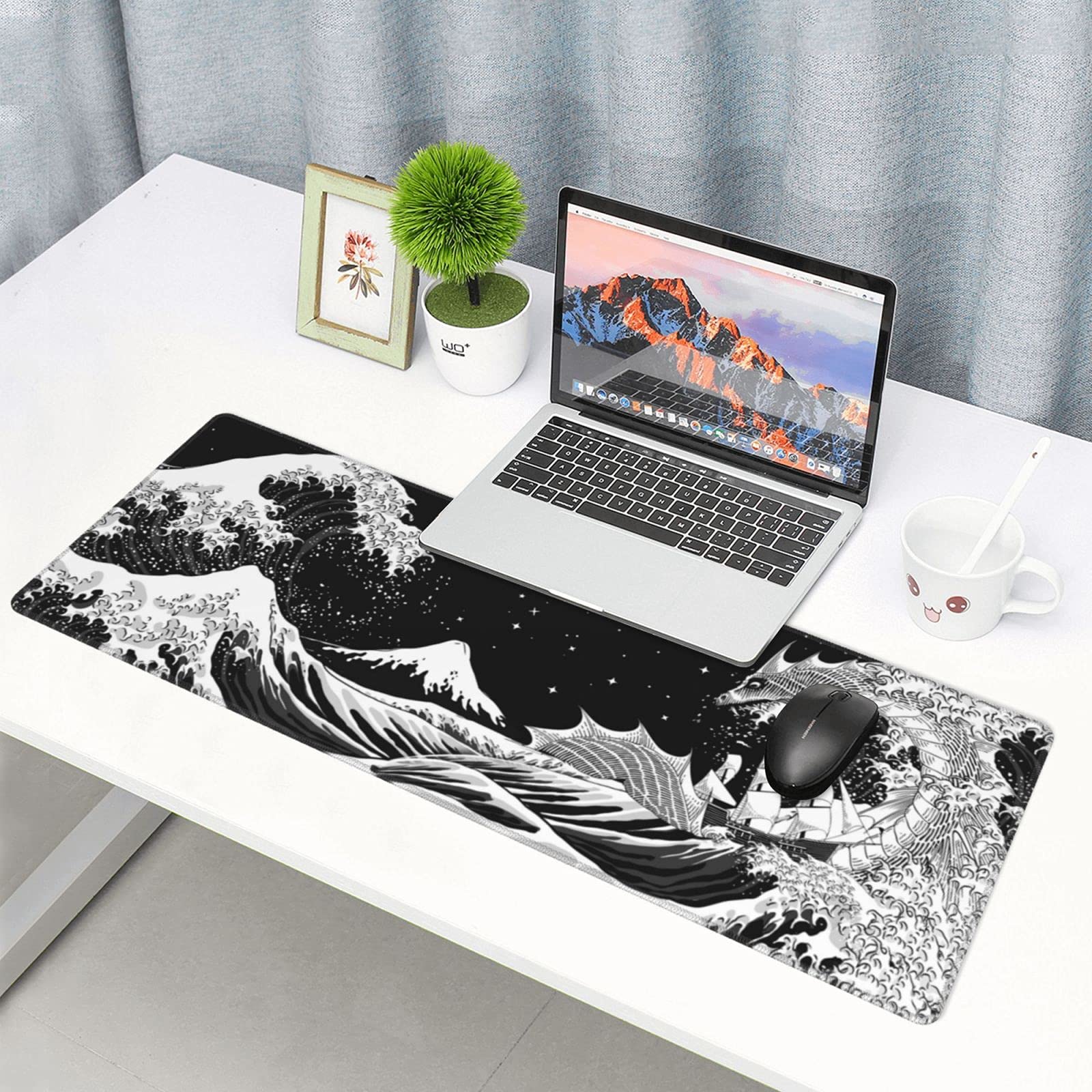 Japanese Waves & Sea Dragon Gaming Mouse Pad - Black & White XL Extended Large Mouse Mat (31.5
