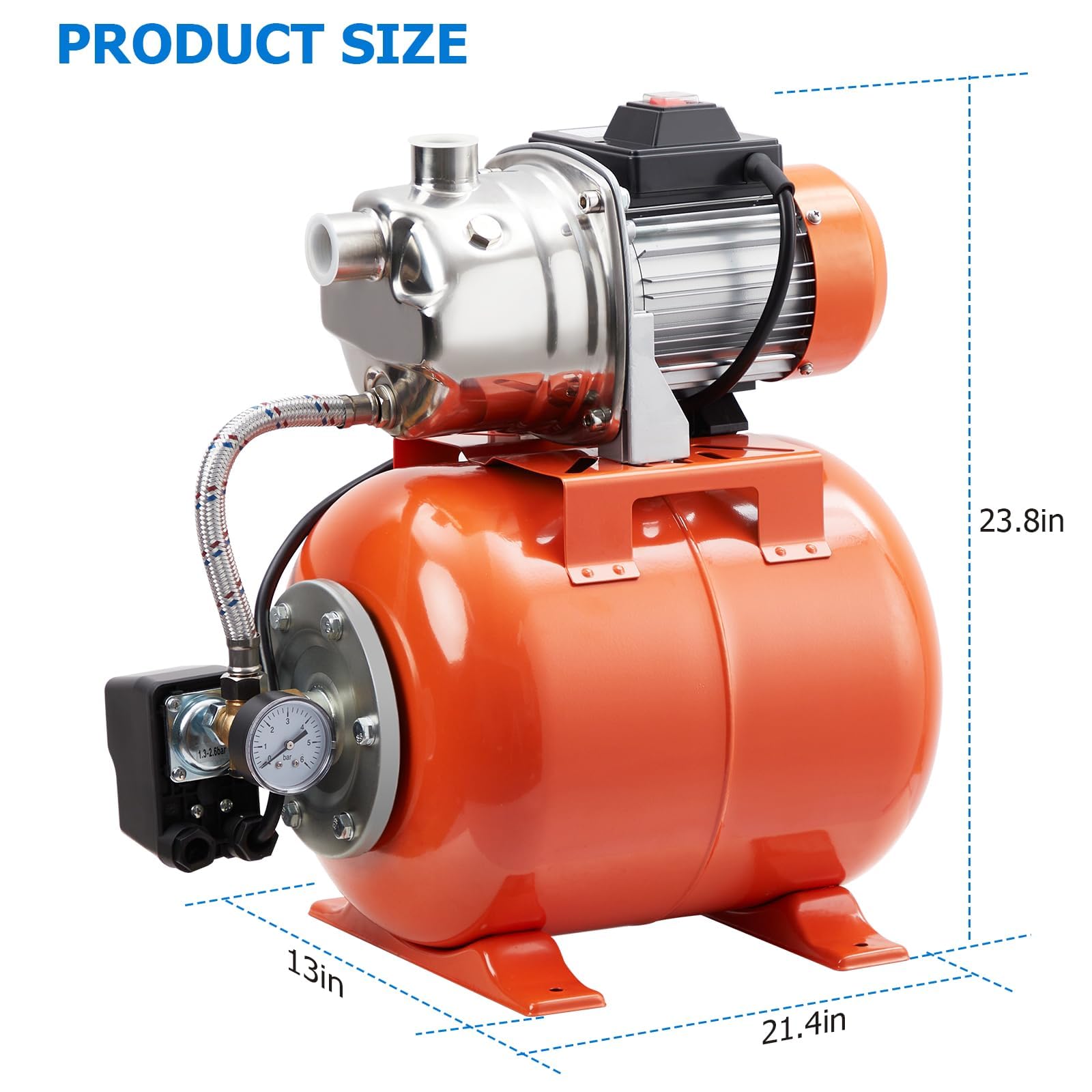 1.6HP Shallow Well Pump with Pressure Tank - 115V Stainless Steel Water Transfer Pump for Home, Garden, Pool & Lawn Irrigation - Automatic Water Booster Jet System | Perfect for Residential Water Supply, Agricultural Irrigation & Outdoor Watering