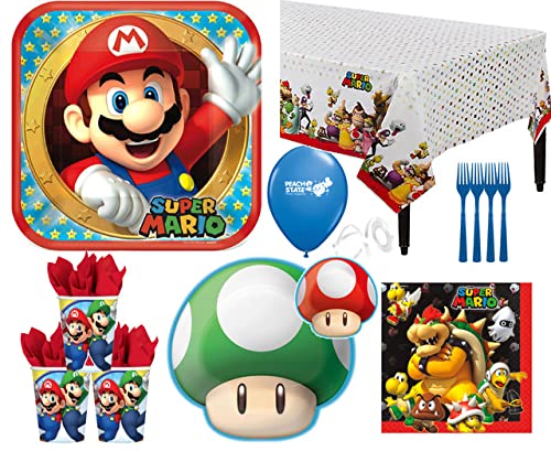Super Mario Birthday Party Supplies Set - 8 Guest Kit with Plates, Cake Plates, Napkins, Cups, Tablecloth & Forks | Perfect for Kids' Themed Parties, Game Night Decorations & Mario Fan Celebrations
