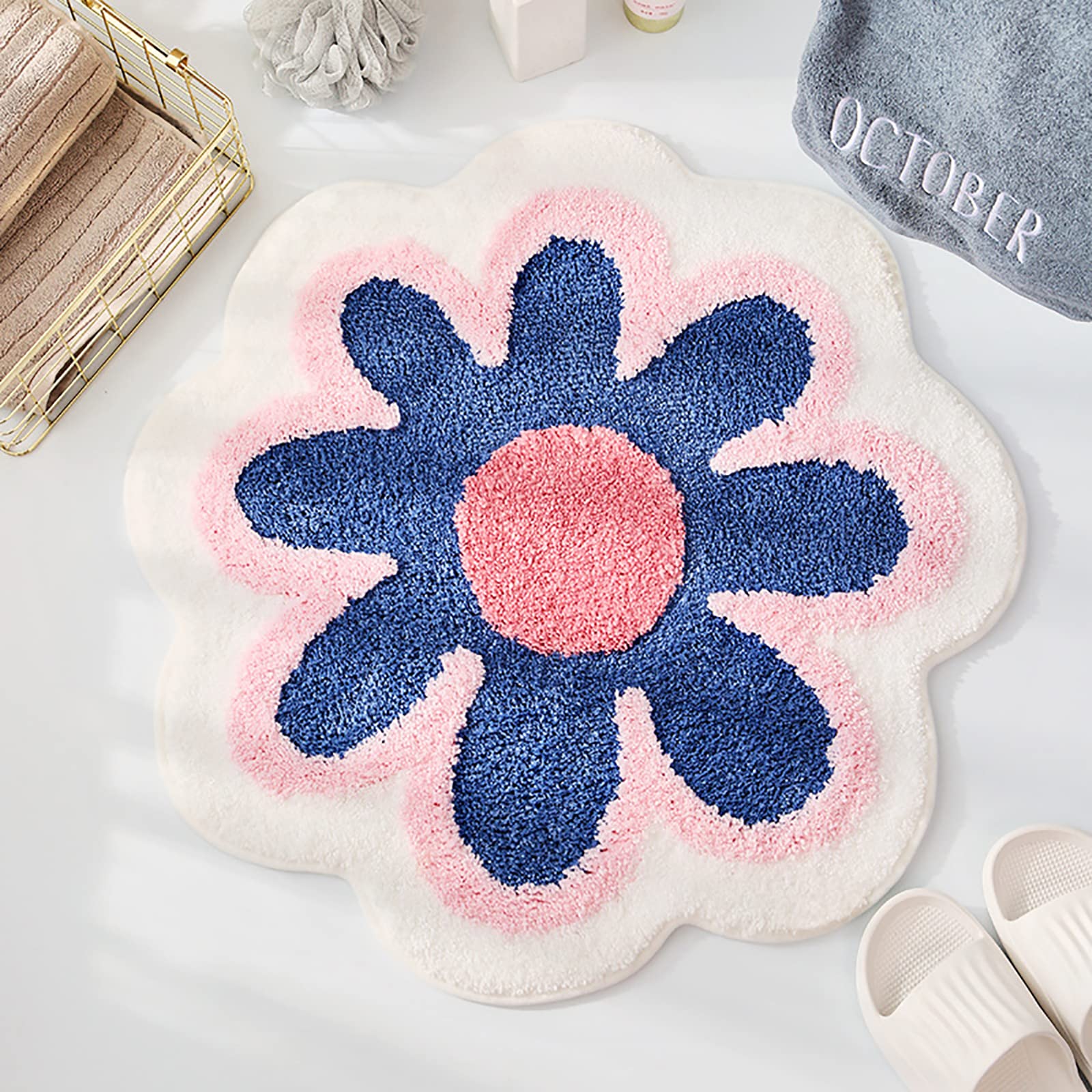 Non-Slip Absorbent Bath Mat - Soft Tufted Flower Shaped Bathroom Rug for Shower & Tub - Cute Home Decor for Bathroom Safety and Comfort (Perfect for Kids, Elderly & Pet-Friendly Bathrooms)