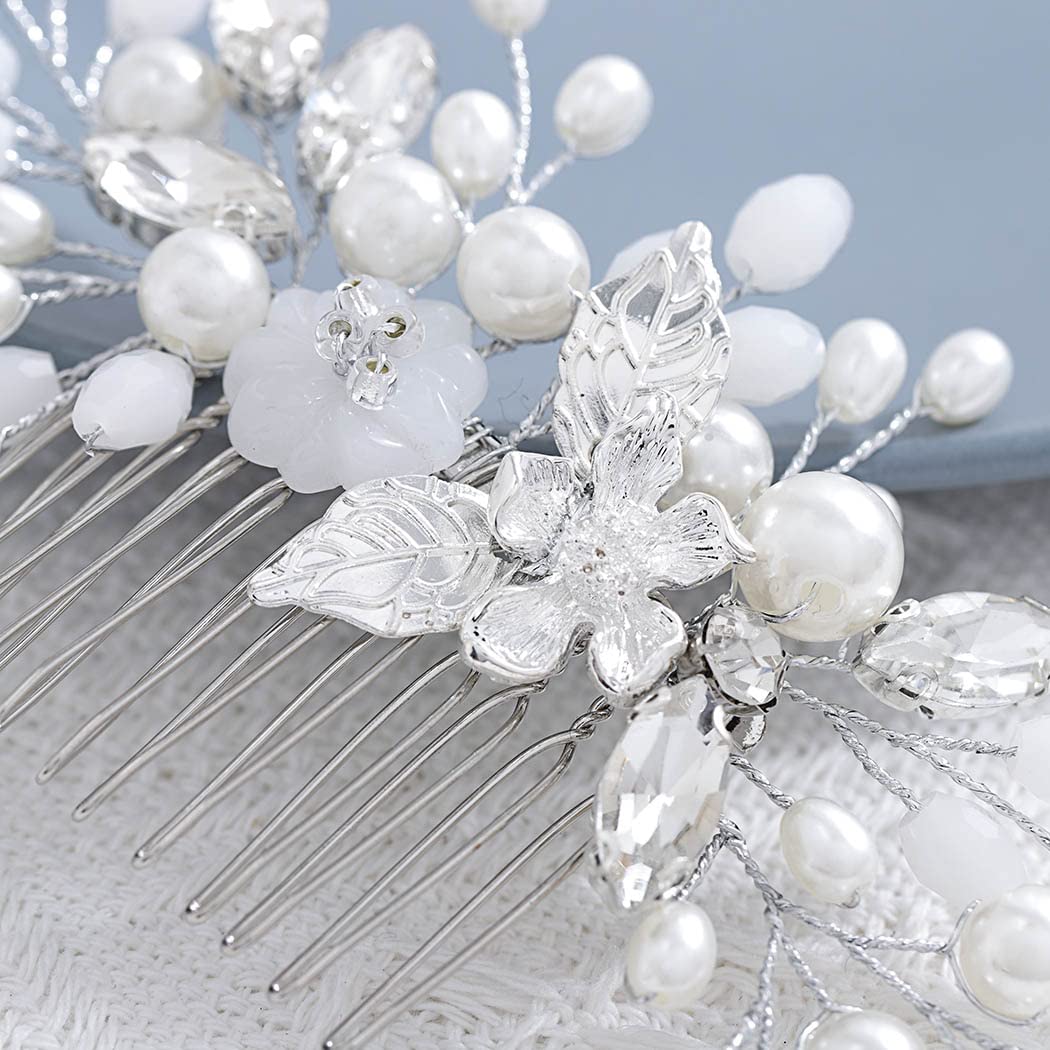 Silver Pearl Bridal Hair Comb - Crystal Flower Hair Accessories for Weddings & Parties