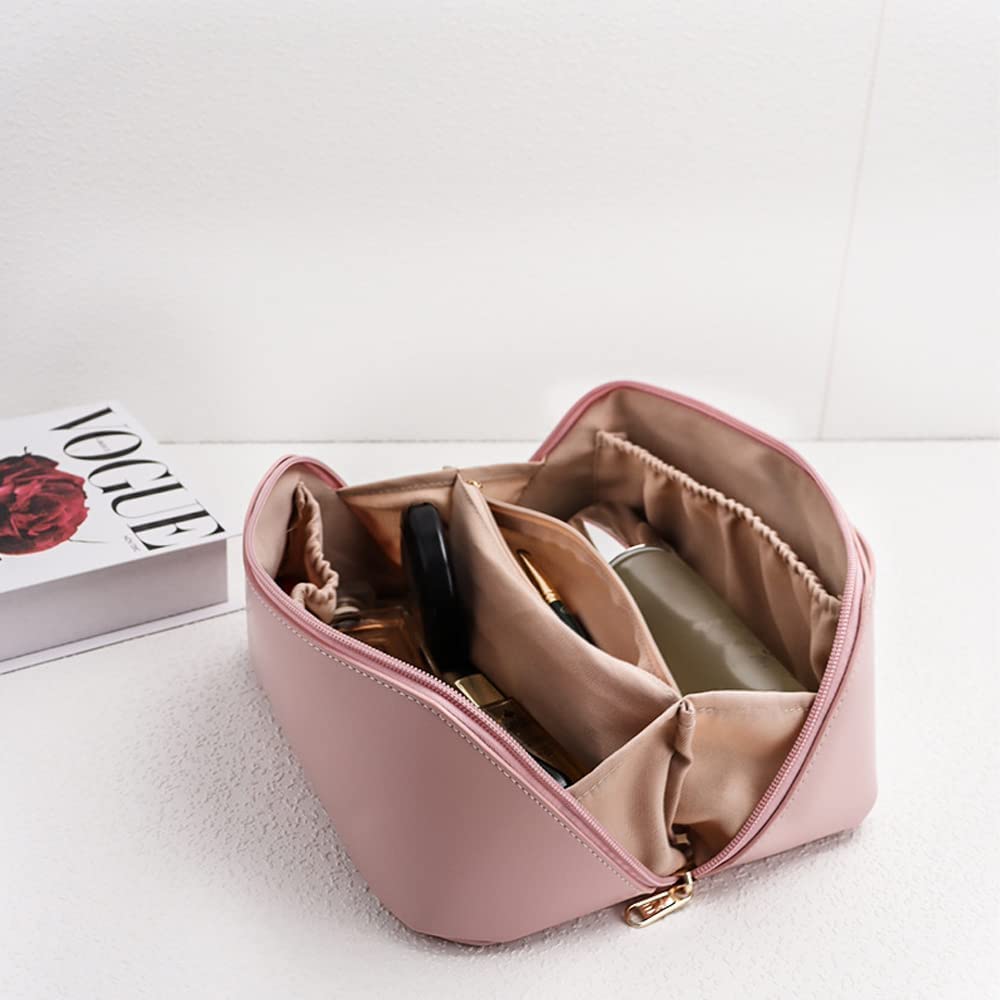 VEHTRI Large Capacity Waterproof Leather Travel Cosmetic Bag - Flat Opening Makeup Organizer with Handle & Divider for Easy Access | Perfect for Vacation, Business Trips & Daily Toiletry Storage