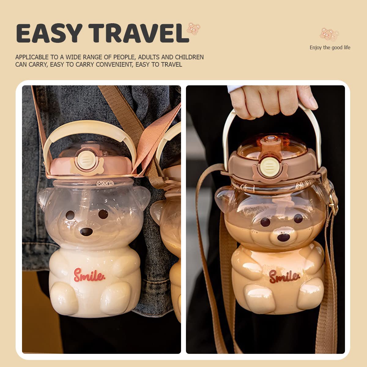 Cute Bear Water Bottle with Straw & Strap - 35oz for Sports, Travel & Camping