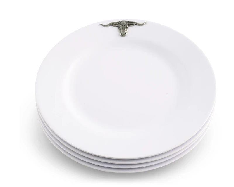 Premium White Melamine Dinner Plates Set of 10 with Stylish Pewter Longhorn Design - Perfect for Western-Themed Parties, BBQ Gatherings & Ranch-Style Home Decor