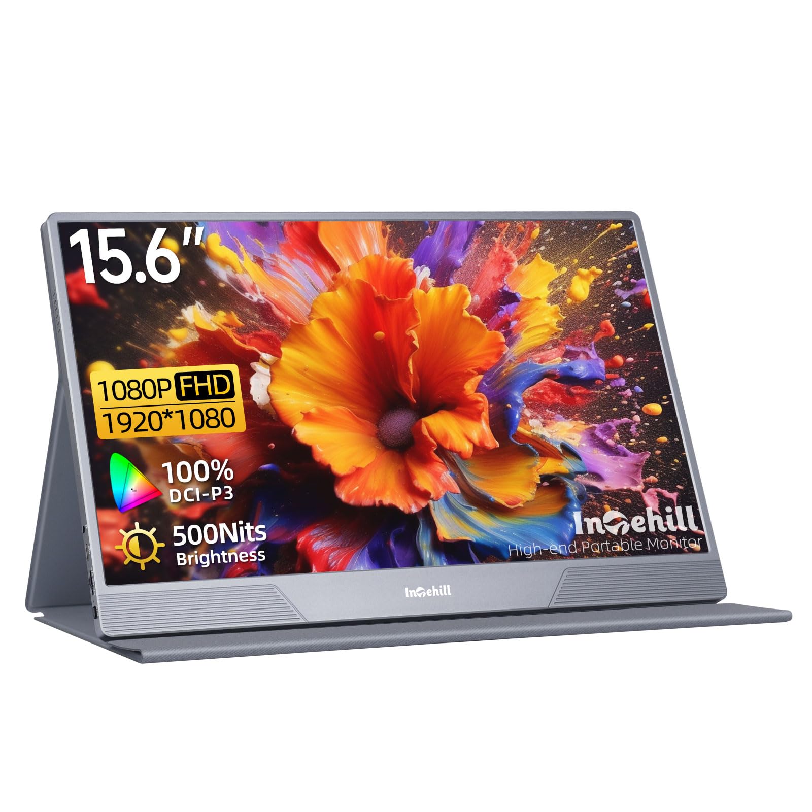 Intehill 15.6-inch Portable Monitor - FHD 1080p IPS Screen, 500nits Brightness, 100% DCI-P3 Color Gamut, HDR Support with HDMI & USB-C - Perfect for Laptop, Mini PC, Gaming, and Business Travel