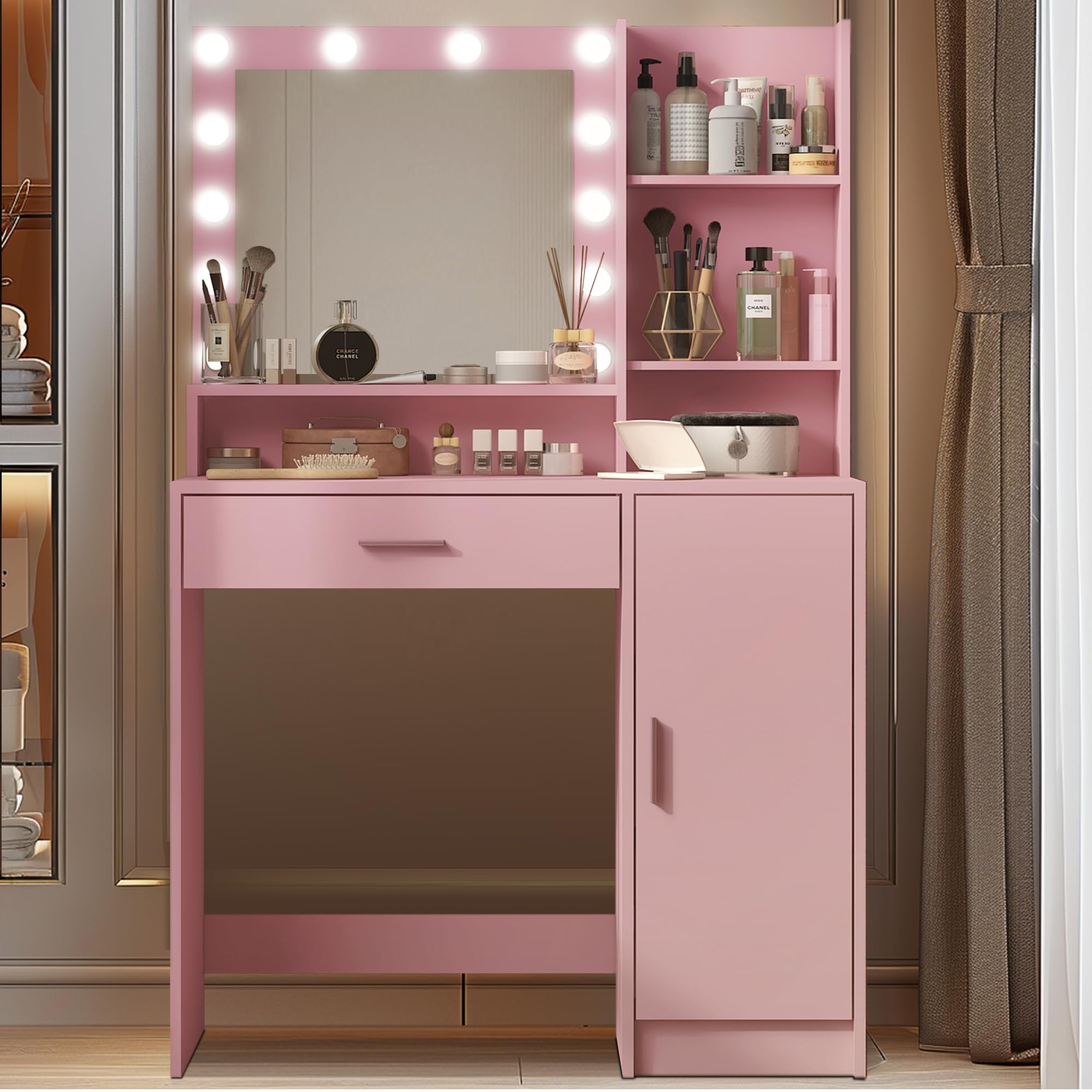Vanity Desk with Mirror and Light - Large Drawer & 3-Tier Storage Dresser, 3 Adjustable Lighting Modes, Pink Makeup Dressing Table for Bedroom | Perfect for Makeup, Skincare & Jewelry Organization