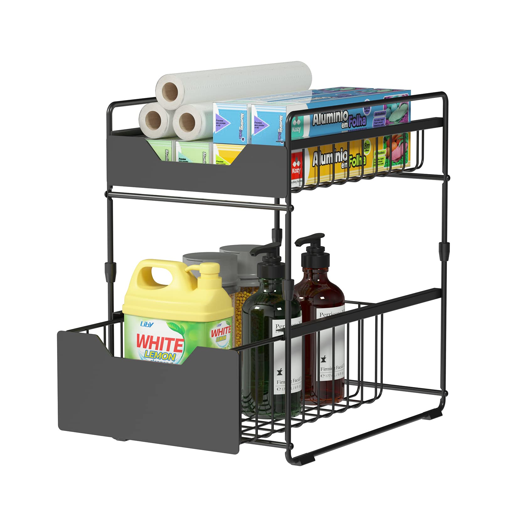 iSharp 2-Tier Pull Out Spice Rack - Under Sink Cabinet Organizer with Sliding Storage Drawer for Kitchen & Bathroom - Space Saving Black Storage Solution - Perfect for Organizing Spices, Toiletries & Cleaning Supplies Under Counter