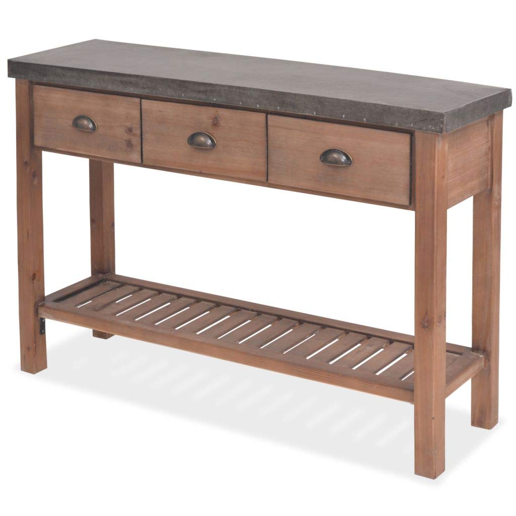 Industrial Console Table with 3 Drawers & Shelf - Vintage Sofa Table, Solid Fir Wood & Steel Top (48
