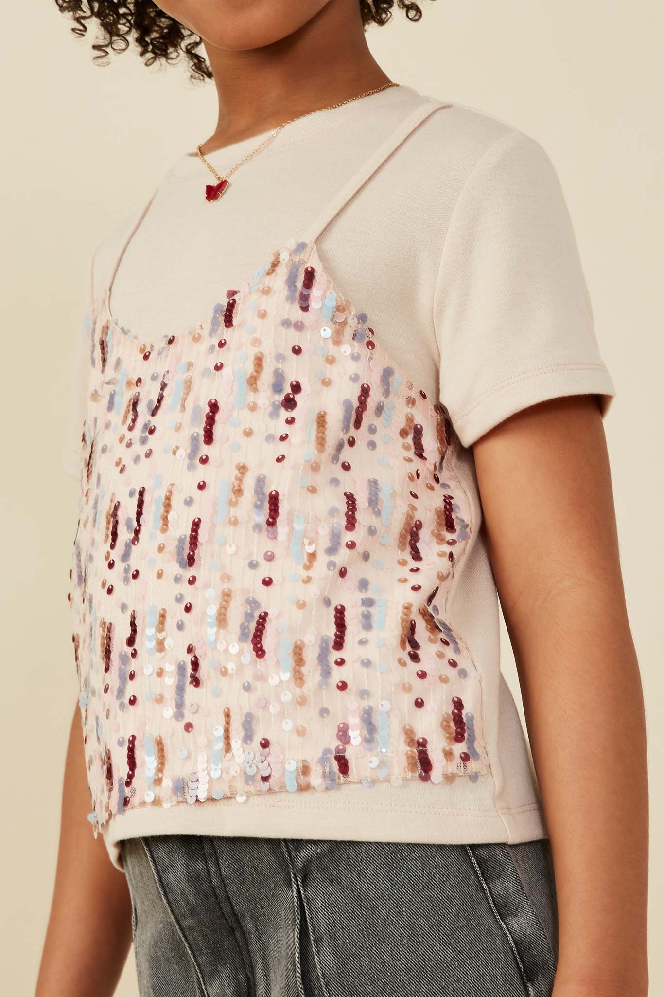 Sparkly Sequin Paneled Twofer T-Shirt for Women | Trendy Party & Night Out Outfit | Perfect for Clubbing, Concerts & Special Events