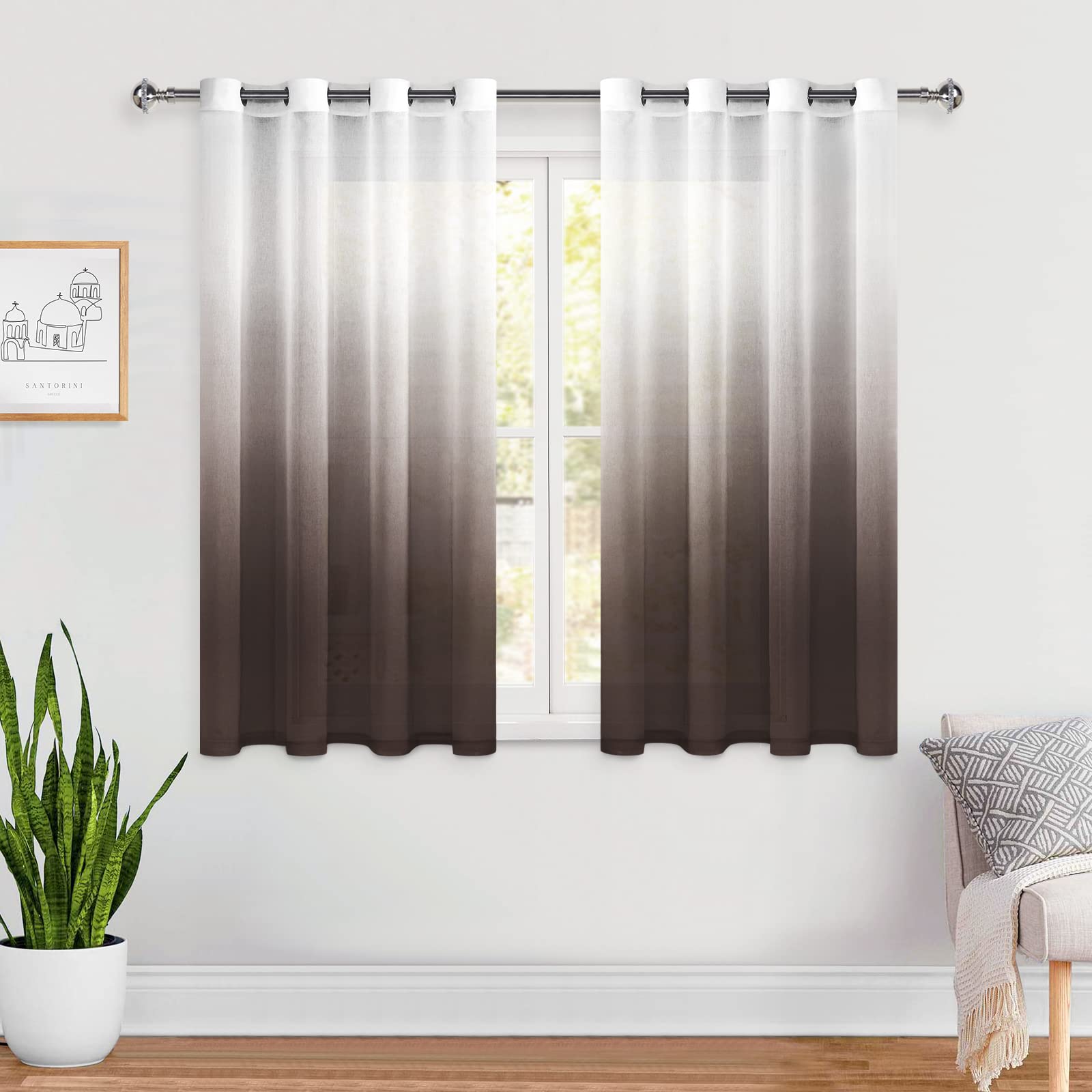 Ombre Sheer Curtains - Faux Linen Voile Grommet Gradient Window Drapes for Bedroom & Living Room, 52x54 Inches, Brown (2 Panels) - Light Filtering Privacy & Boho Home Decor