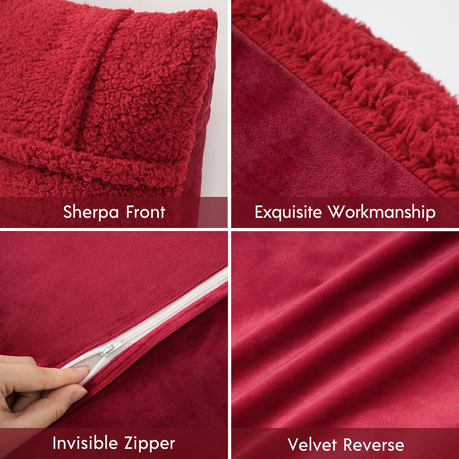Phantoscope 2-Pack Christmas Sherpa Throw Pillow Covers - Soft Faux Fur Fluffy Decorative Cushion Cases (12x20 Inches, Red) for Bedroom, Sofa & Holiday Decor