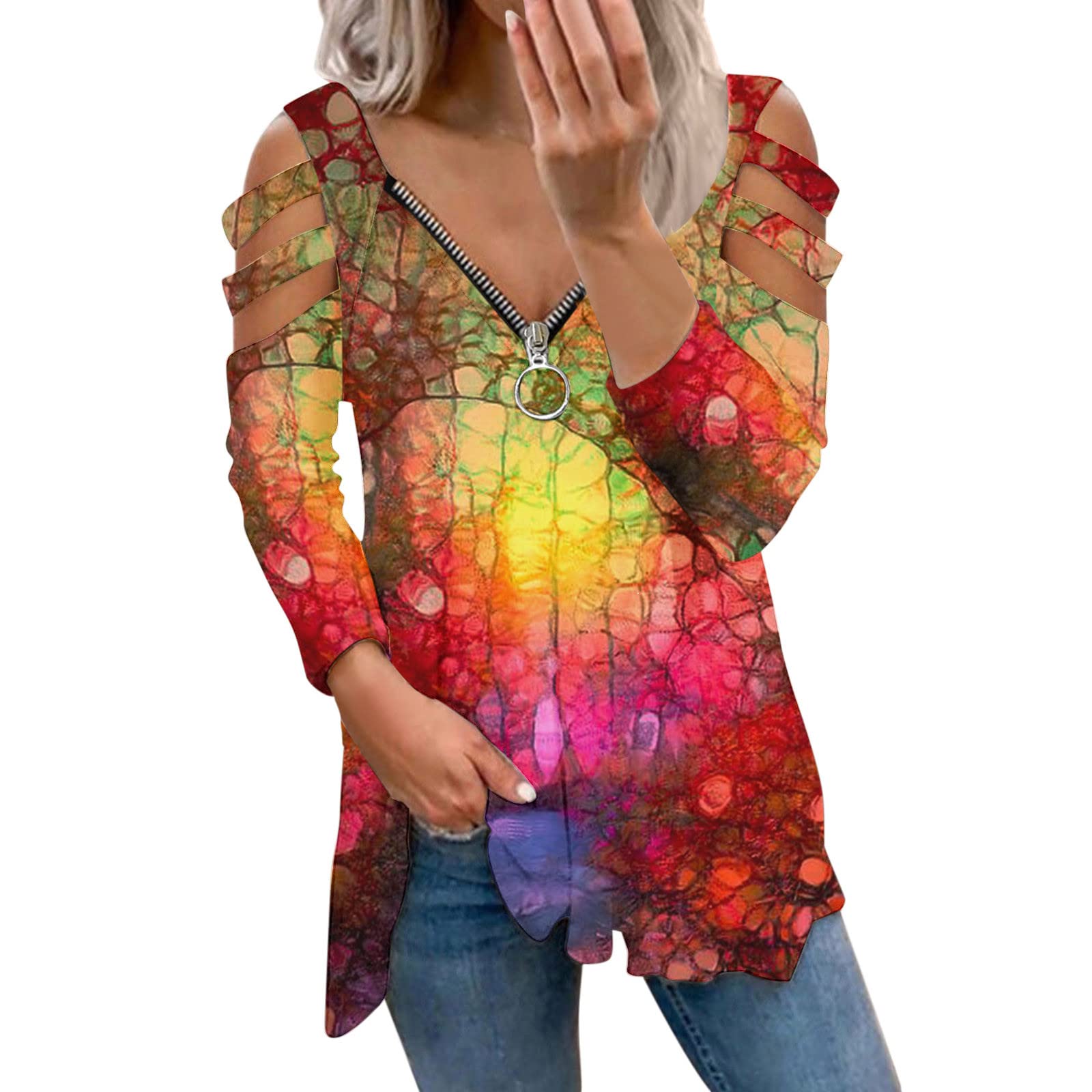Plus Size Women's Off Shoulder V-Neck Zip Up Tunic Tops - Long Sleeve Floral Tie Dye Swing Tee Shirts for Casual Wear, Date Night & Office Outfits