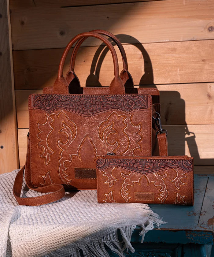 Wrangler Women's Boot Scroll Crossbody Purse Set - Western Style Leather Handbag for Everyday Use, Travel & Country Music Festivals