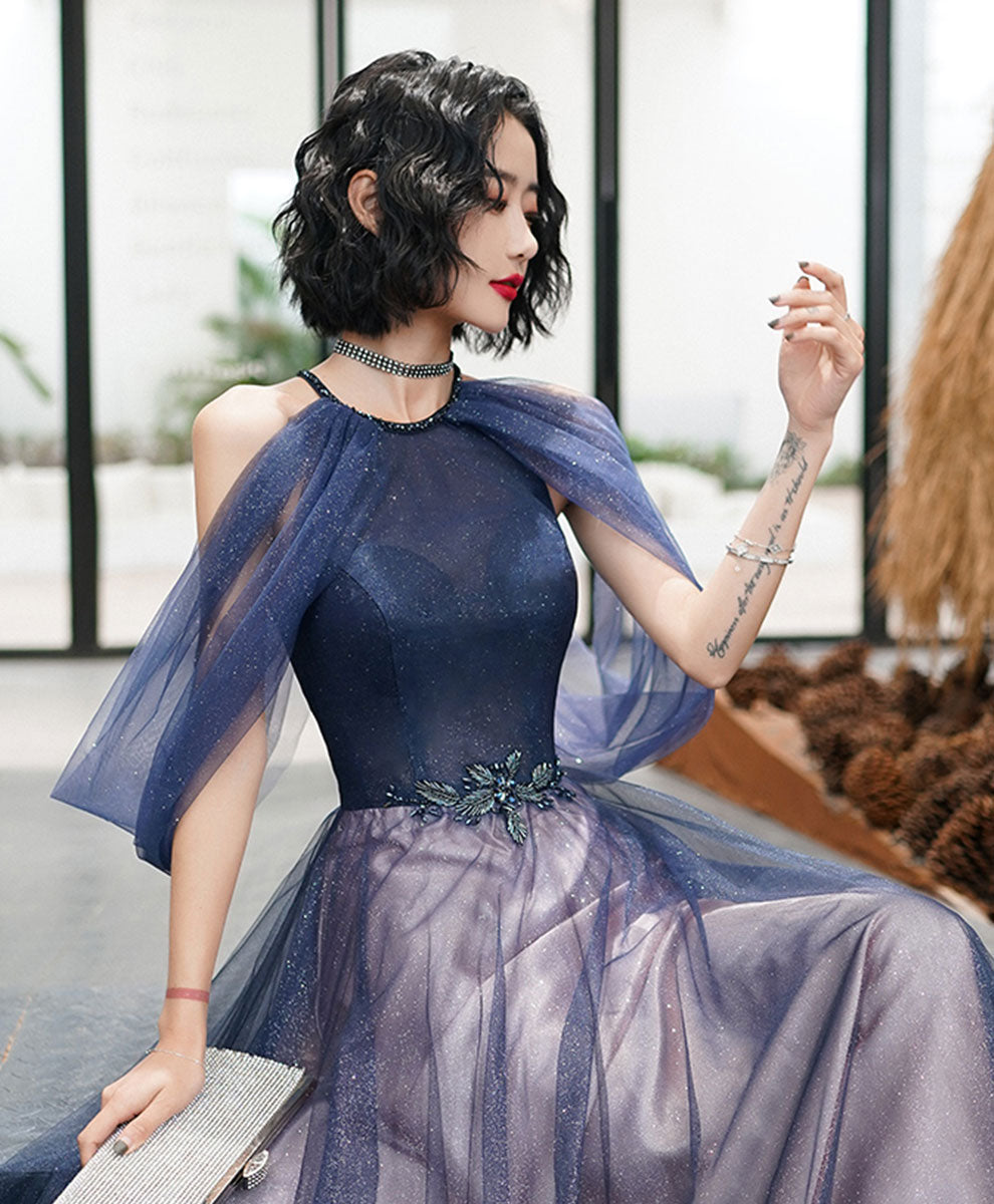 Elegant Blue Tulle Sequin Long Prom Dress for Women - Formal Evening Gown for Homecoming, Ball, and Special Occasions