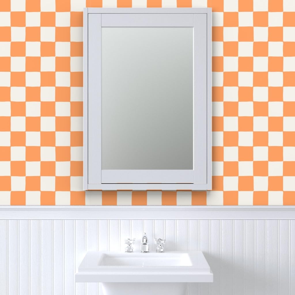 Removable Wallpaper 12ft x 2ft - Retro Checkerboard Orange Summer Checkered Apricot Peel and Stick Wallpaper - Perfect for Bedroom, Nursery, Dorm Decor & DIY Home Projects