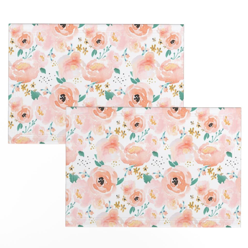 Premium Linen Cotton Canvas Placemats Set of 2 - Floral Bloom Baby Nursery Print Washable Table Mats for Dining, Kitchen Decor & Baby Shower Gifts