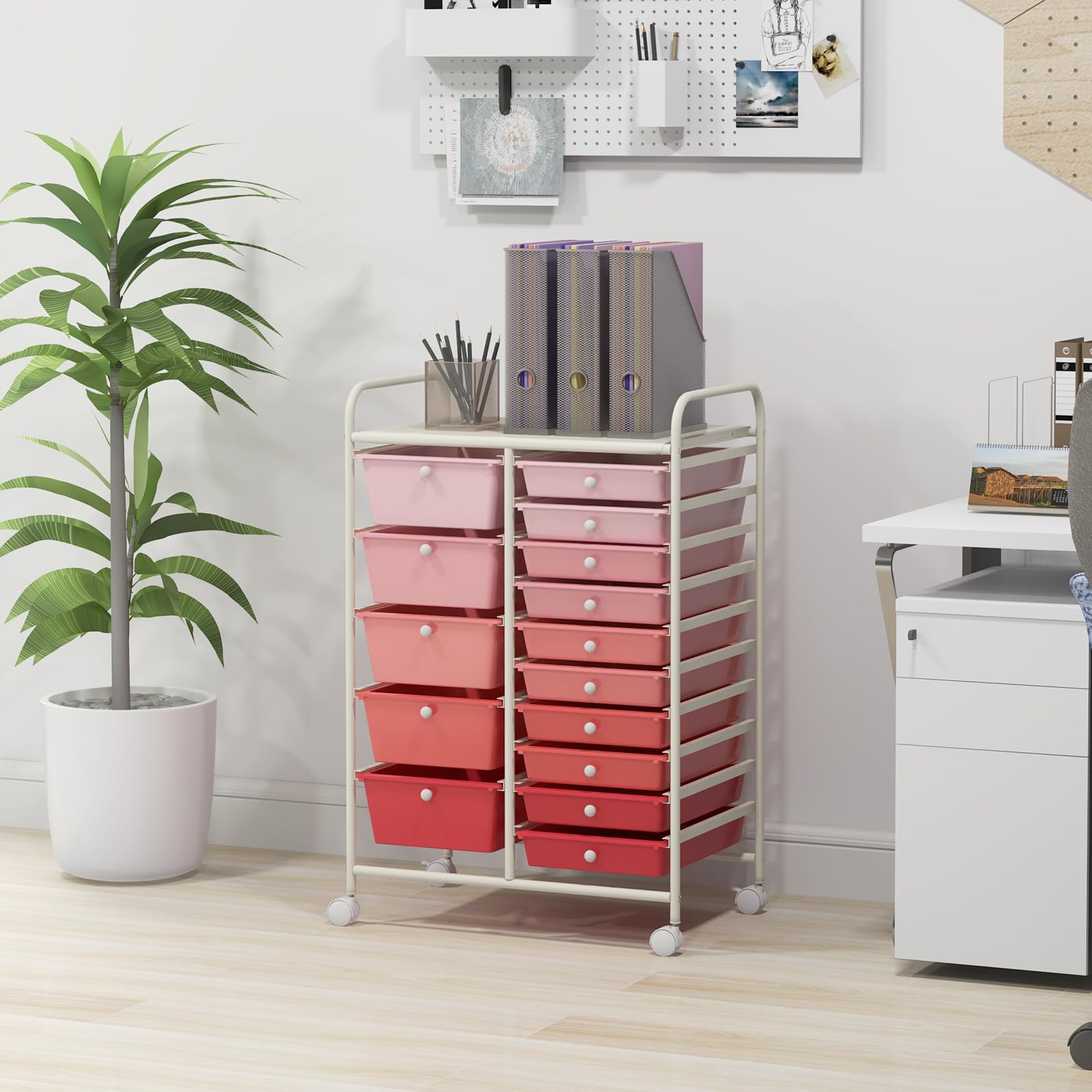 HAPPYGRILL 15-Drawer Rolling Storage Cart Organizer - Mobile Utility Cart with Wheels for Office, School, Home & Workshop - Perfect for Organizing Tools, Paper, Supplies & Stationery
