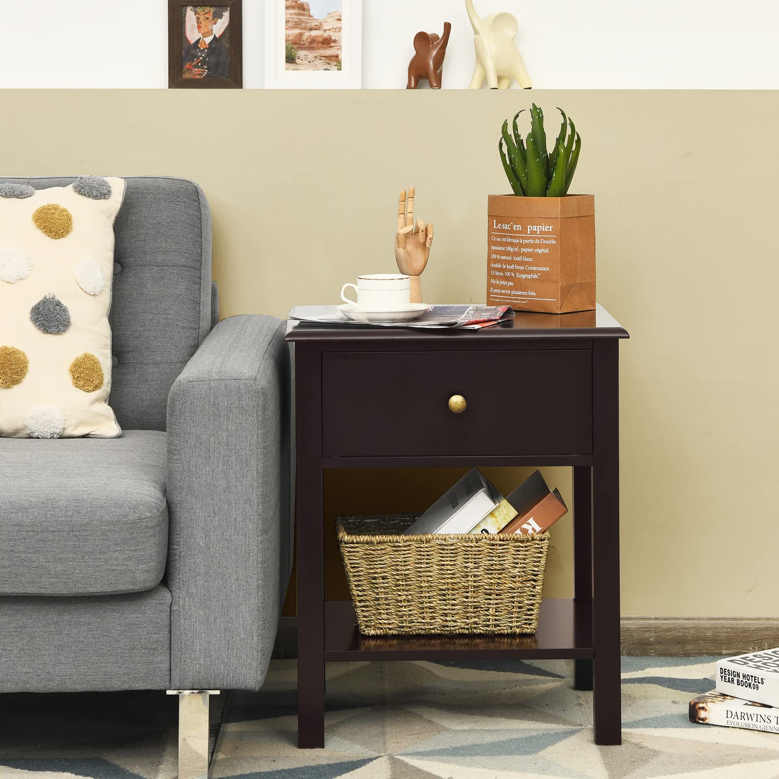 Julimoon Rustic Brown Nightstand with Drawer and Open Shelf - Modern Wood End Table for Bedroom, Living Room, or Sofa Bed - Perfect for Small Spaces, Apartment Decor & Farmhouse Style Homes