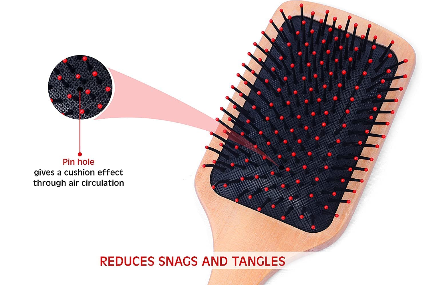 KIRA Natural Wooden Paddle Hair Brush with Air Cushion Pad - Anti-Static Hypoallergenic Bristles & Epoxy Coated Tips for Scalp Massage & Hair Growth - Perfect for Daily Styling, Detangling & Blood Circulation Stimulation at Home or Salon