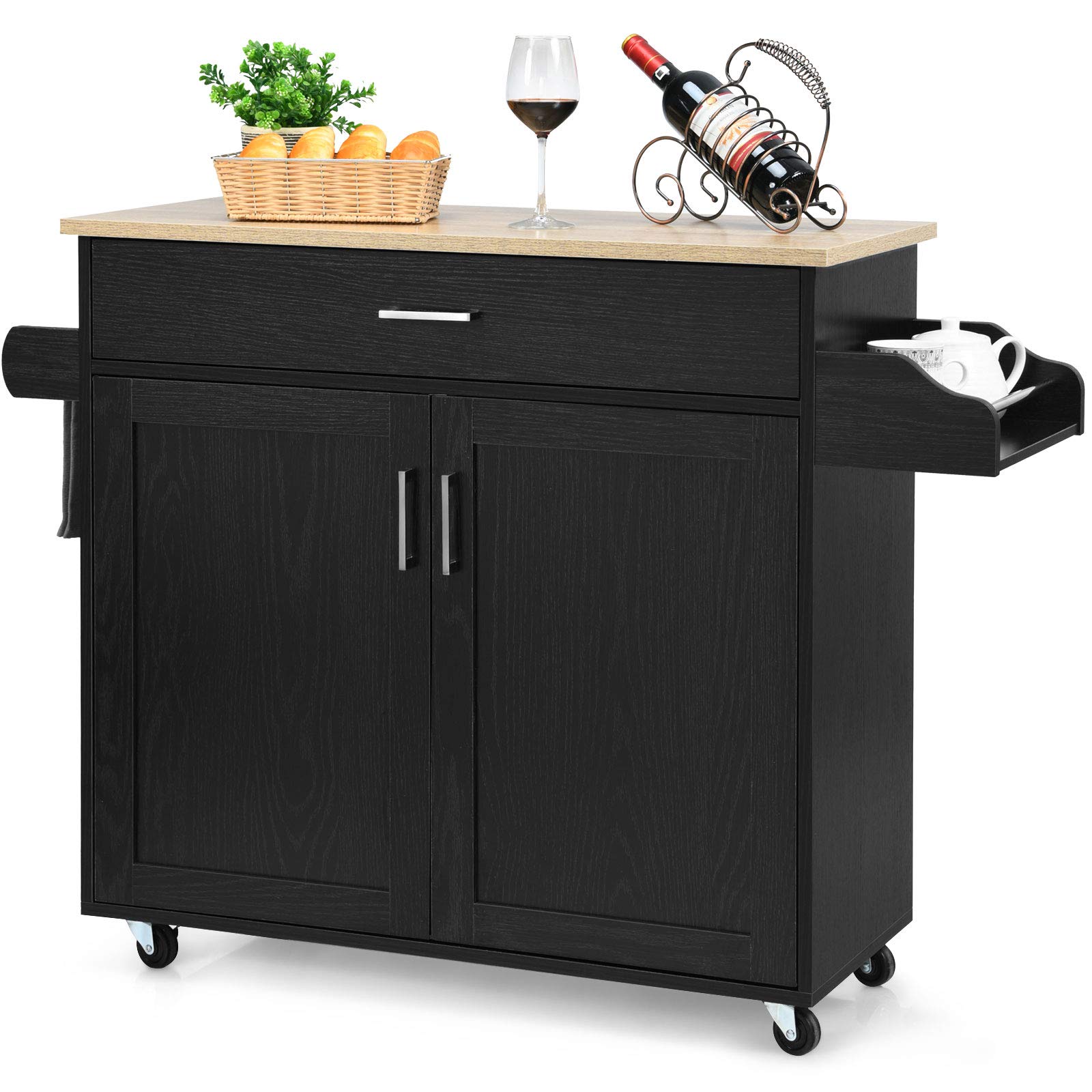 Giantex Kitchen Island Cart with Spice Rack & Towel Holder, Large Drawer & 2-Door Storage Cabinet, Lockable Wheels, Wooden Kitchen Trolley for Home & Restaurant Use - Perfect for Small Spaces, Meal Prep & Extra Counter Space (Black)