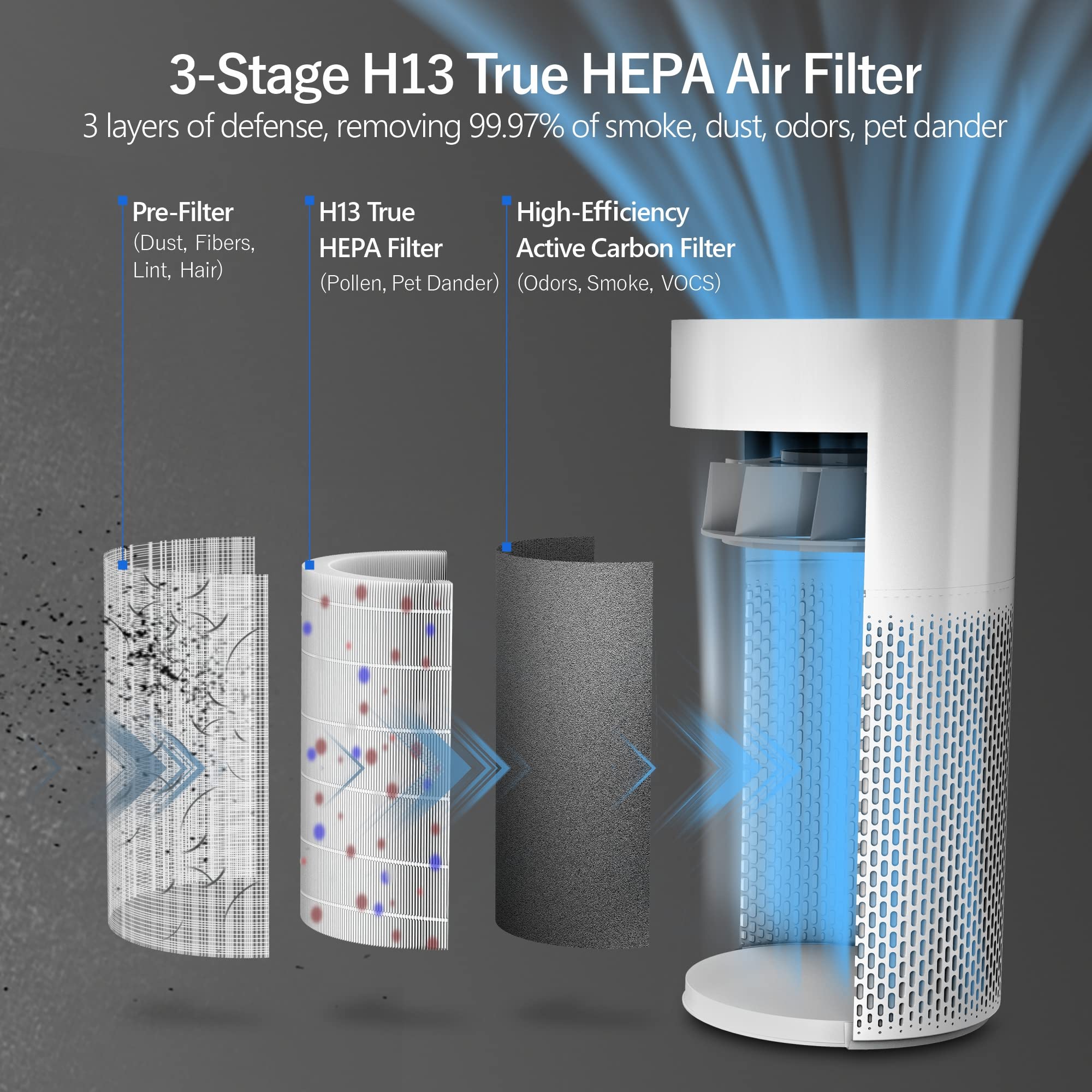 **ECOWELL EAP360 H13 True HEPA Air Purifier for Home & Bedroom - Covers 1640 sq.ft, Removes 99.97% of Mold, Pollen, Smoke, Pet Dander & Dust - Ideal for Allergies, Asthma & Odor Control in Large Rooms**