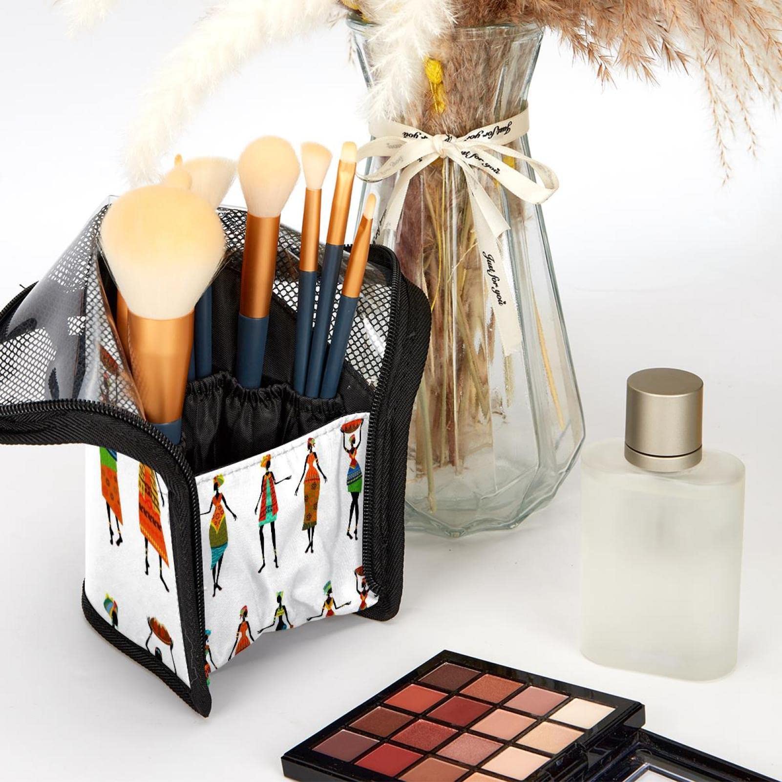 African Print Makeup Brush Organizer Bag with 12 Slots - Portable Cosmetic Brush Holder Case for Travel & Home Storage - Traditional Ethnic Women's Makeup Accessories Set for Professional Artists & Beginners